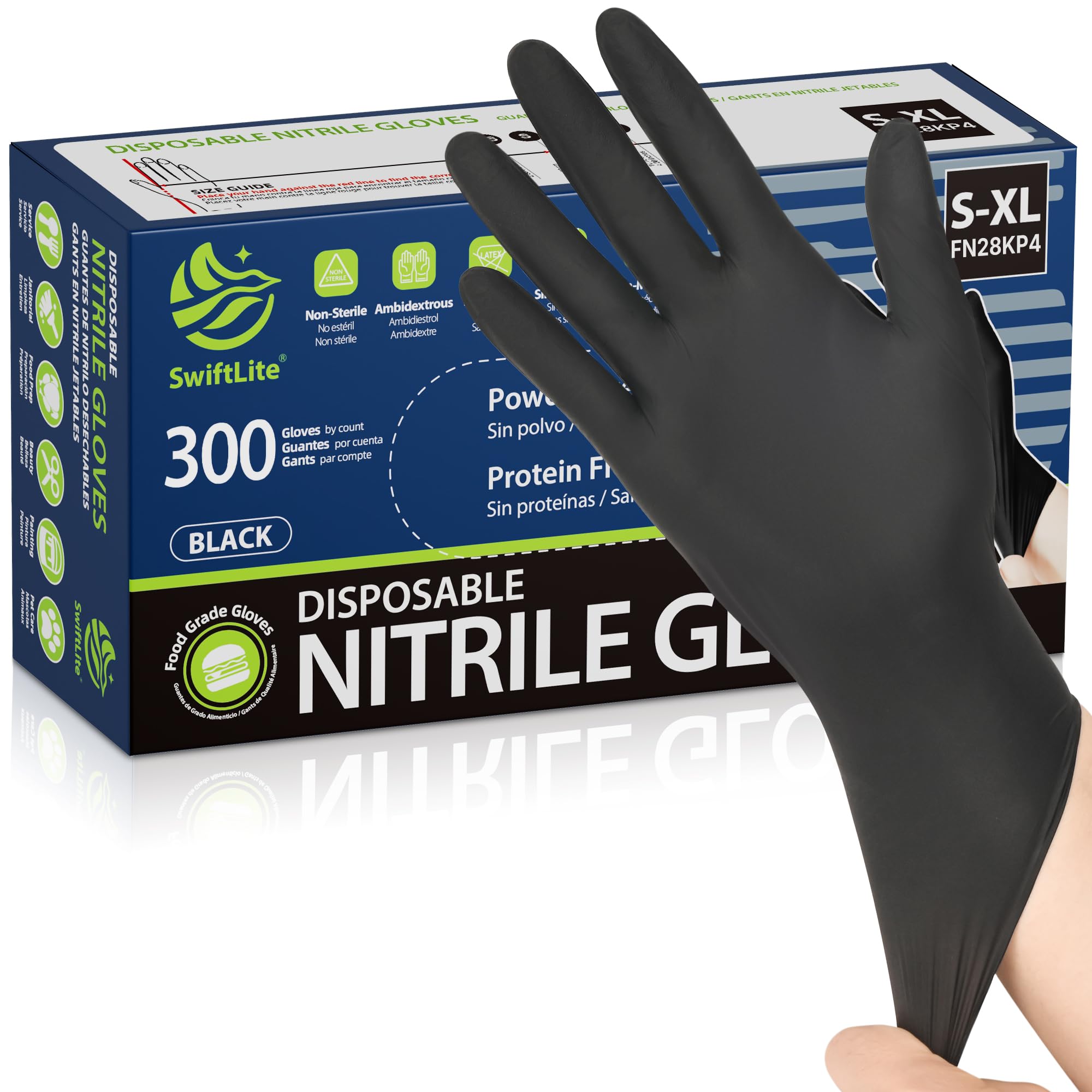 SWIFTLITE Black Nitrile Gloves, Food Safe Disposable Gloves Latex Free, Rubber Gloves Powder Free for Cooking, Kitchen Clean