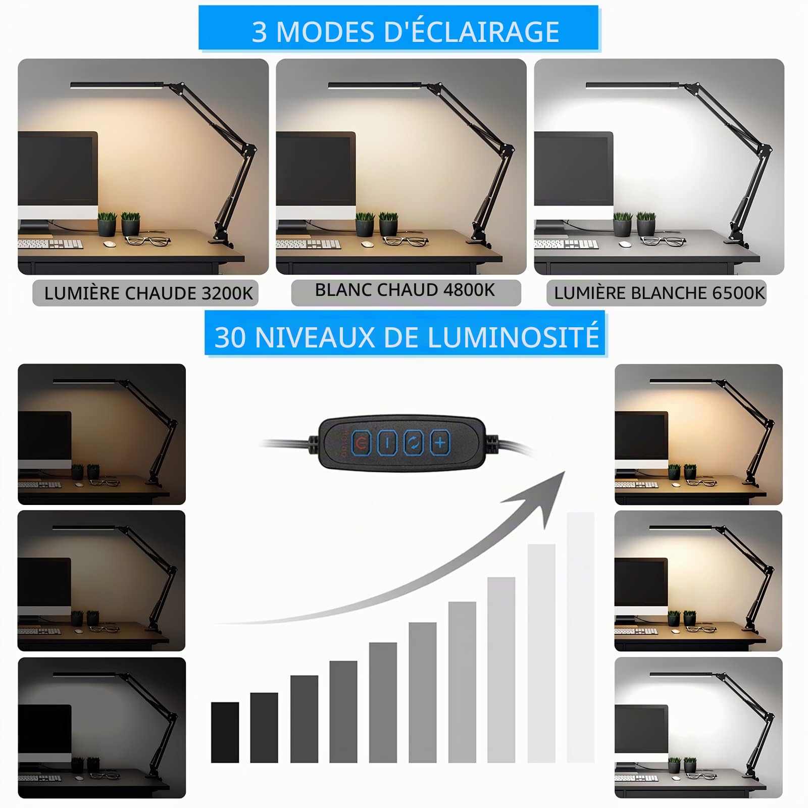 SKYLEO Lampe LED de bureau et de lecture avec USB, bras oscillant et pince, à intensité variable et 3 modes de couleur pour la protection des yeux