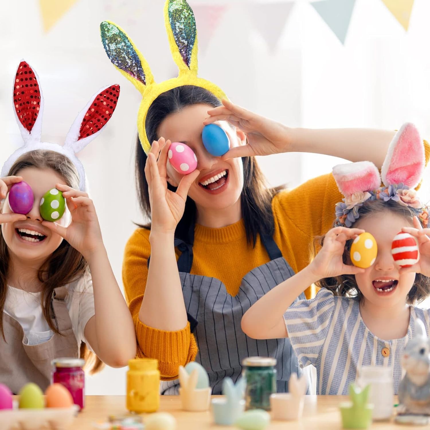 Hollyfield Osterhasenohren-Stirnband, 12-teiliges Plüsch-Hasenohren-Stirnband, Ostern, Partybevorzugung, Kostüm, Verkleidungszubehör, Ostergeschenk für Kinder, Cosplay, Hasenohren, Stirnbänder