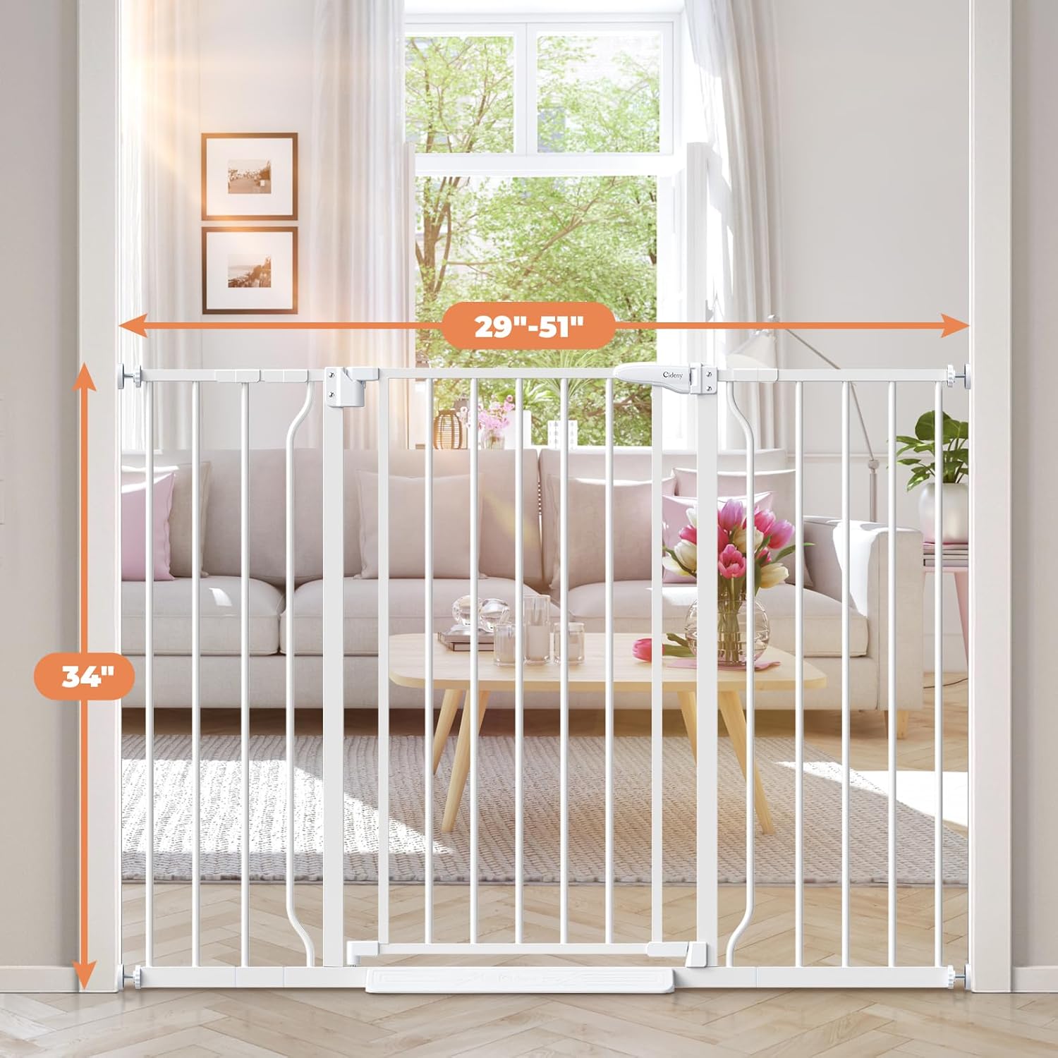 34" Extra Tall Baby Gate for Stairs, Auto Close Stroller Friendly Dog Gate Indoor for Doorways, Pressure Mounted 29"-51" Wide Baby Gate, Easy Walk Through Gate for Children & Pets, White White 29-51"Wide, 34"Tall