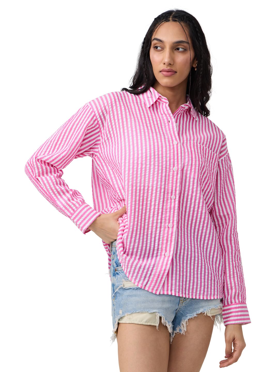 The Souled Store Stripe Shirt: Rose Women and Girls Long Sleeves Collared Neck Button Front Pink and White Cotton Boyfriend Shirts in white