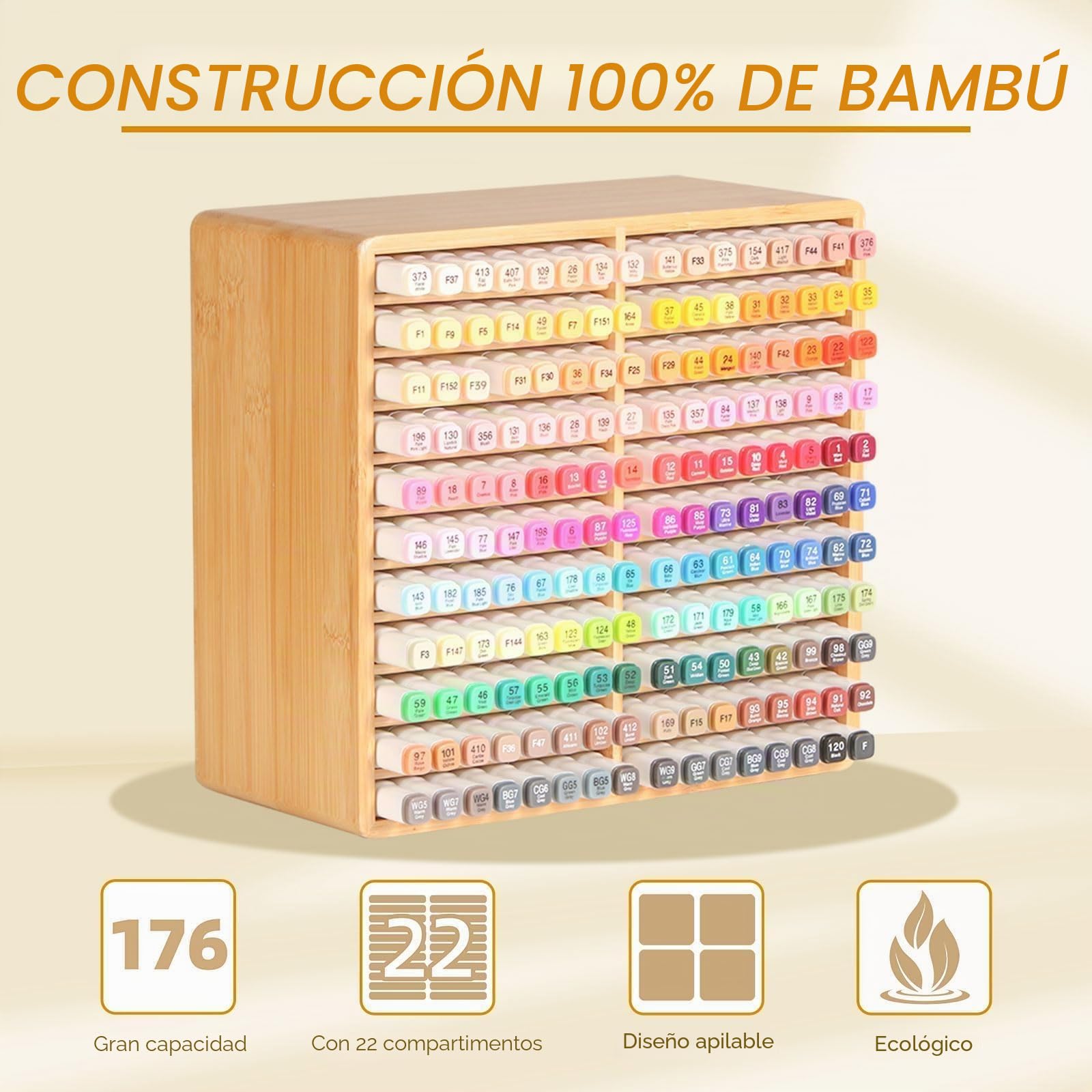 walowalo Organizador de marcadores con capacidad para 176 marcadores, regalos de cumpleaños, soporte para bolígrafos de bambú, suministros de arte, organizador de almacenamiento de alcohol, 22