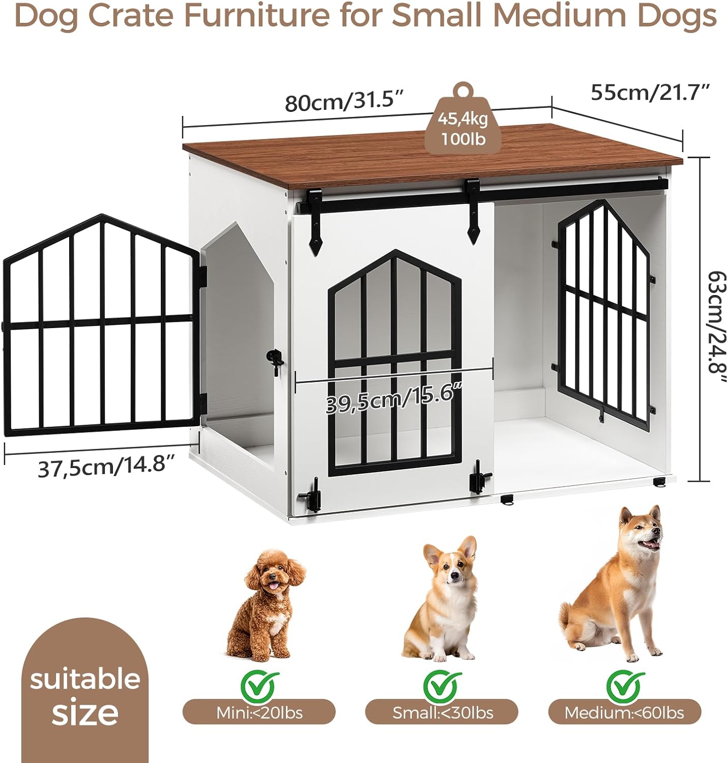 Diagram showing dimensions of the MAHANCRIS Dog Crate Furniture and suitable dog sizes