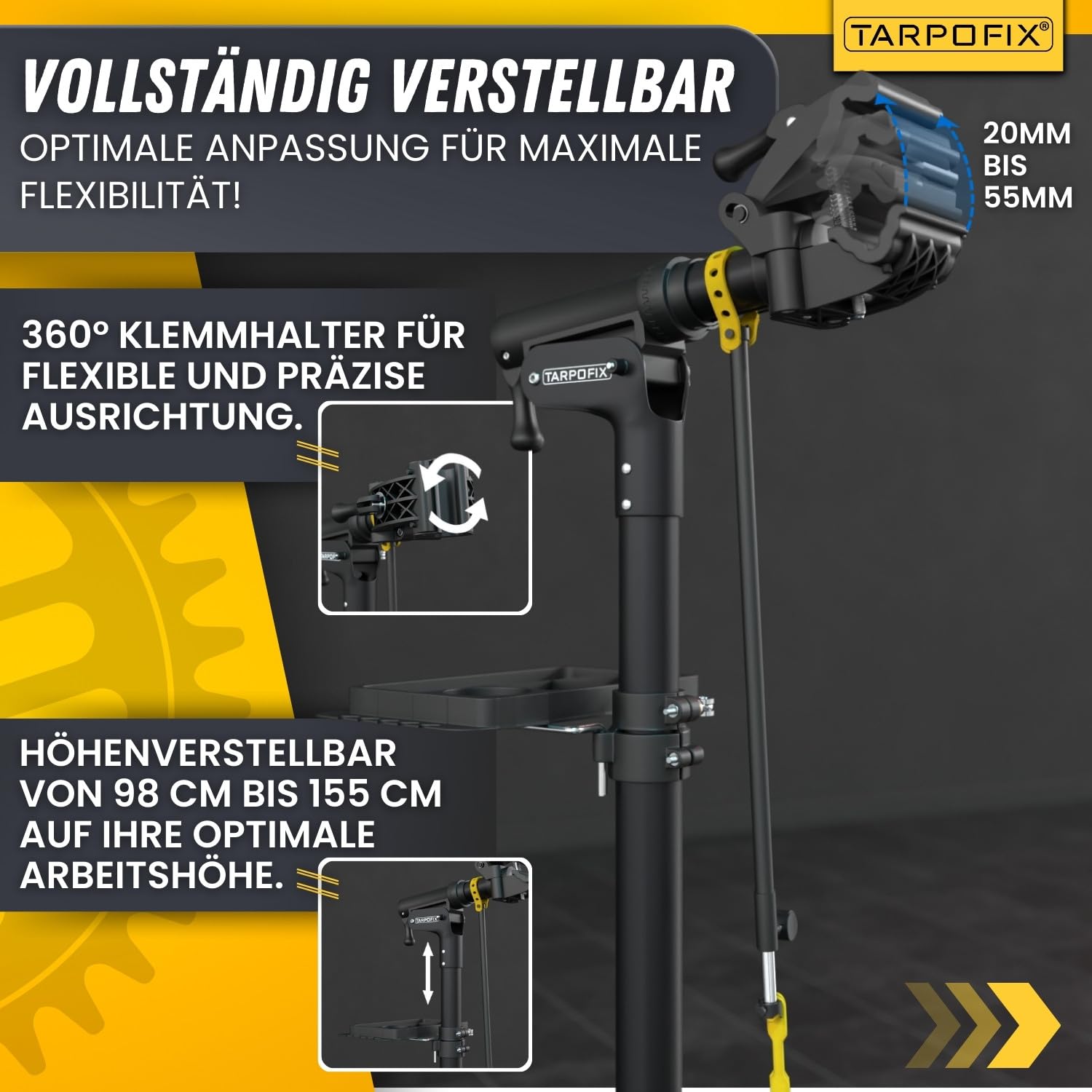 Tarpofix® Fahrrad Montageständer bis 50kg für E-Bike | Montageständer für Fahrräder | Profi Fahrrad Reparaturständer | Schwerlast Fahrradhalter Ebike | Fahrradständer Reparatur & Wartung | Bike Stand