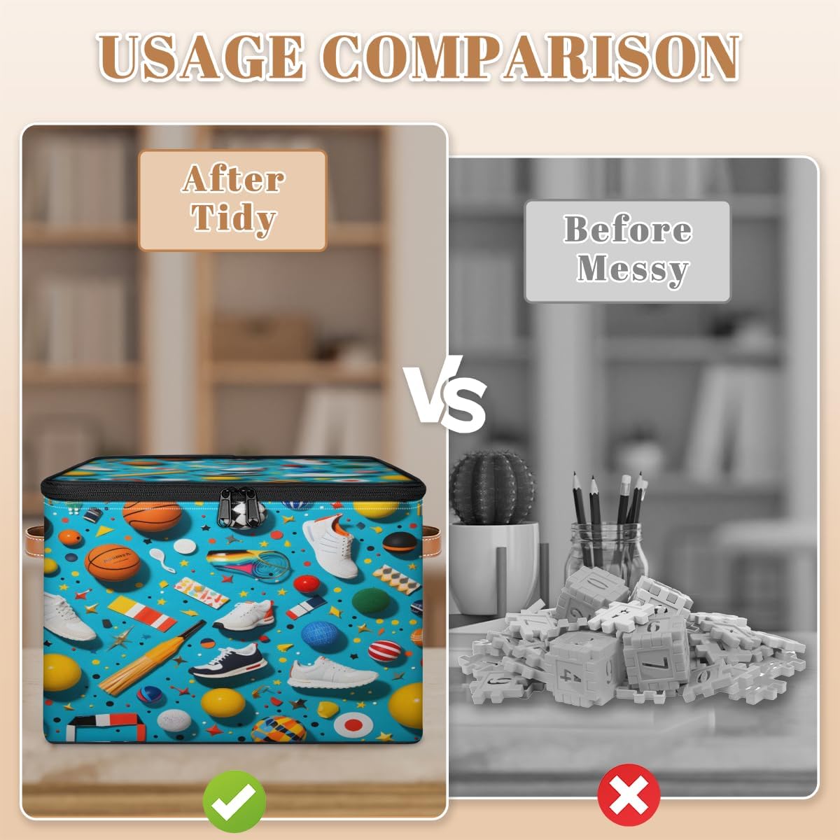 Storage Bin Set of 2 Sport Balls Storage Basket with Zipper Lid & Handle Foldable Closet Shelf 2 Pack Cloth Organizer Basket Cube Bins Clothes Organizer for Nursery, Bedroom