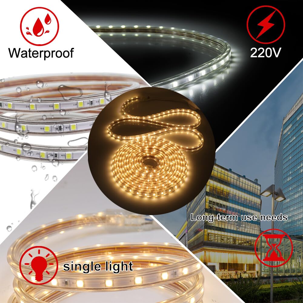 Tira LED 220V con encendido/apagado [30M, Blanco 6000-6500K],IP67 impermeable flexible,SMD5050,60 LEDs/m Guirnaldas luminosas CRI85+,decoración para cocinas,dormitorios,techos y tiendas