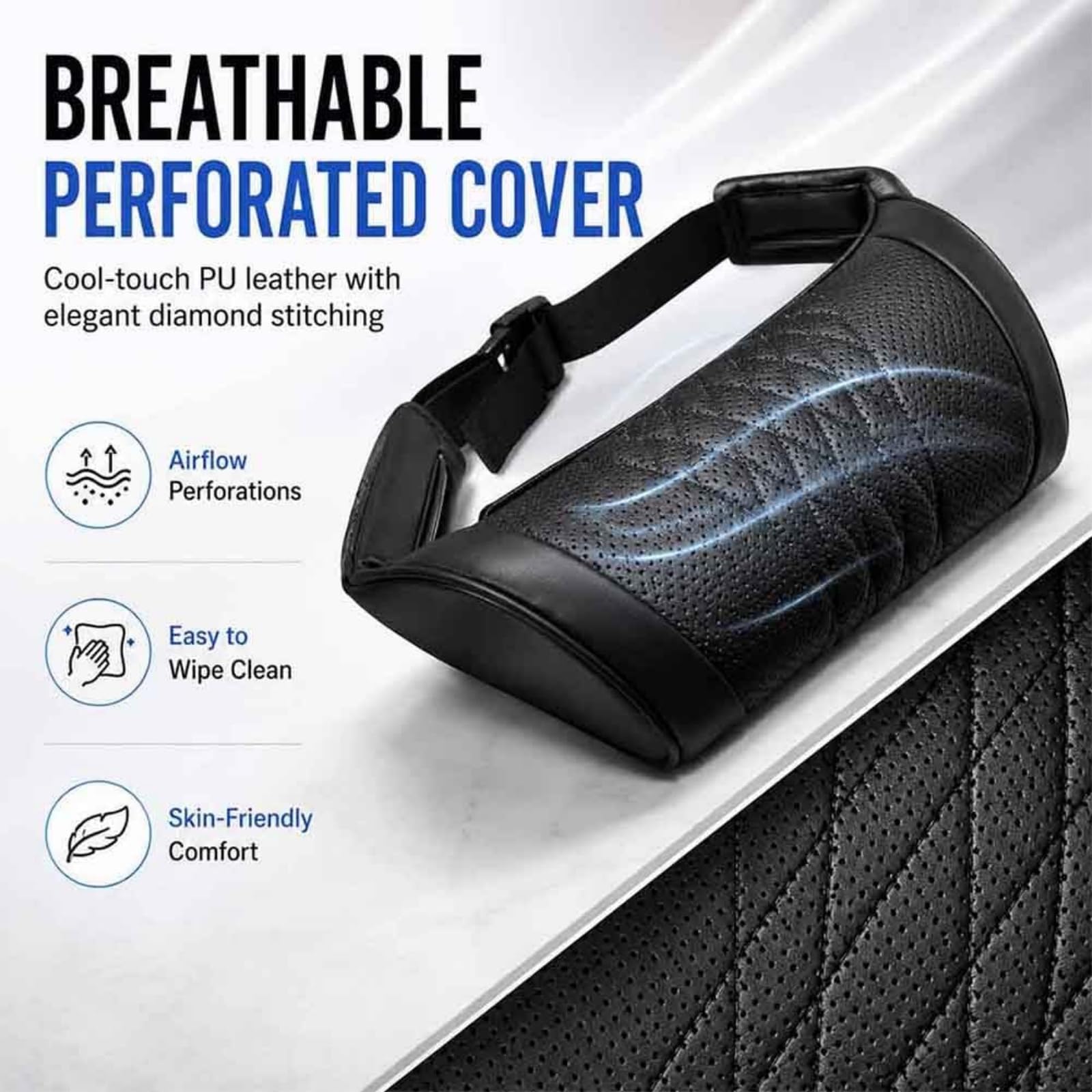 Cojín Reposacabezas Coche de Espuma Memoria y Cuero Napa, Almohada Ergonómica de Cuero para Asiento de Coche, Soporte de Cuello Transpirable con Correa Ajustable para Viaje (Amarillo)