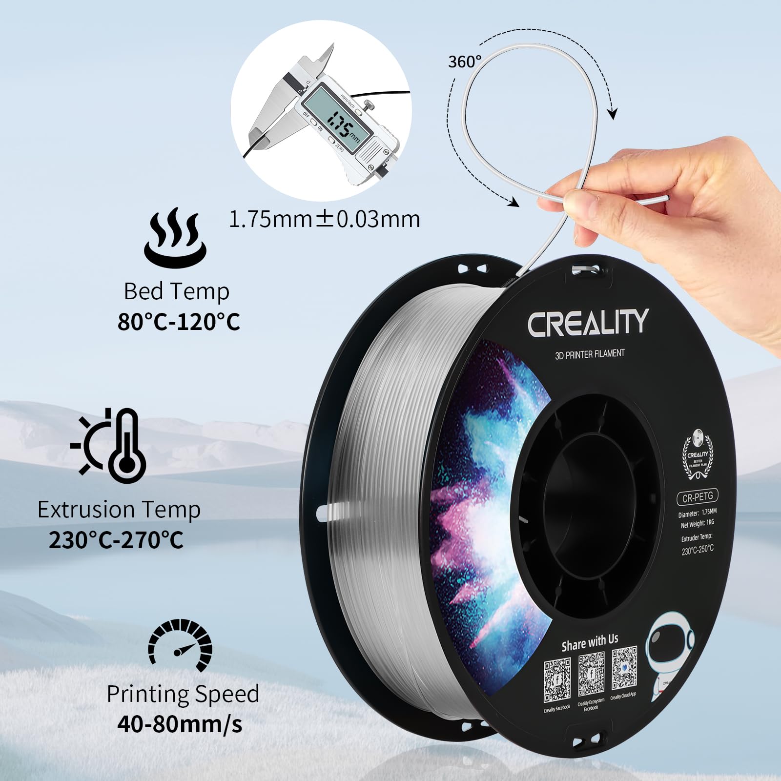 Creality Filamento PETG 1,75 mm, Ufficiale Filamento Stampante 3D Che Non si Aggroviglia, Forte Legame e Prestazioni a Sbalzo Precisione Dimensionale +/-0,03 mm, 2,2 lbs/Spool, Trasparente