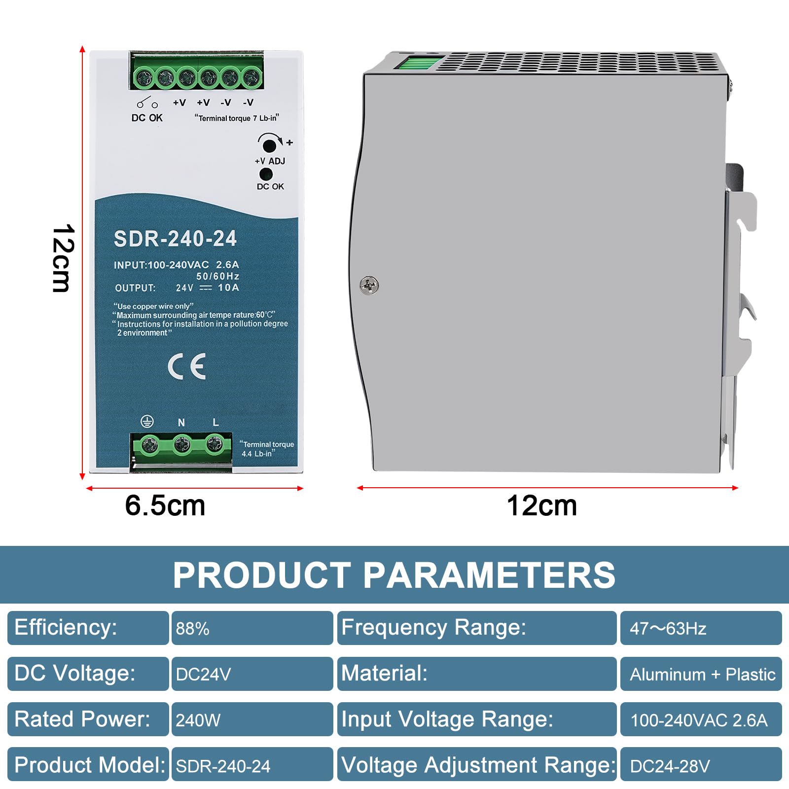 Alimentación de DIN Rail 240W DIN Rail Power Supply Entrada AC 100-240V 2,6A Salida DC 24V 10A Fuente de Alimentación Industrial para Cajas distribución,Instrumentos,Equipos comunicación SDR-240-24