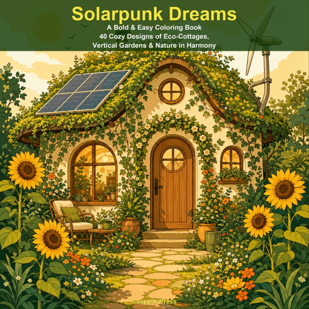 Solarpunk Dreams: A Bold & Easy Coloring Book — 40 Cozy Designs of Eco-Cottages, Vertical Gardens, Sustainable Futures & Nature in Harmony