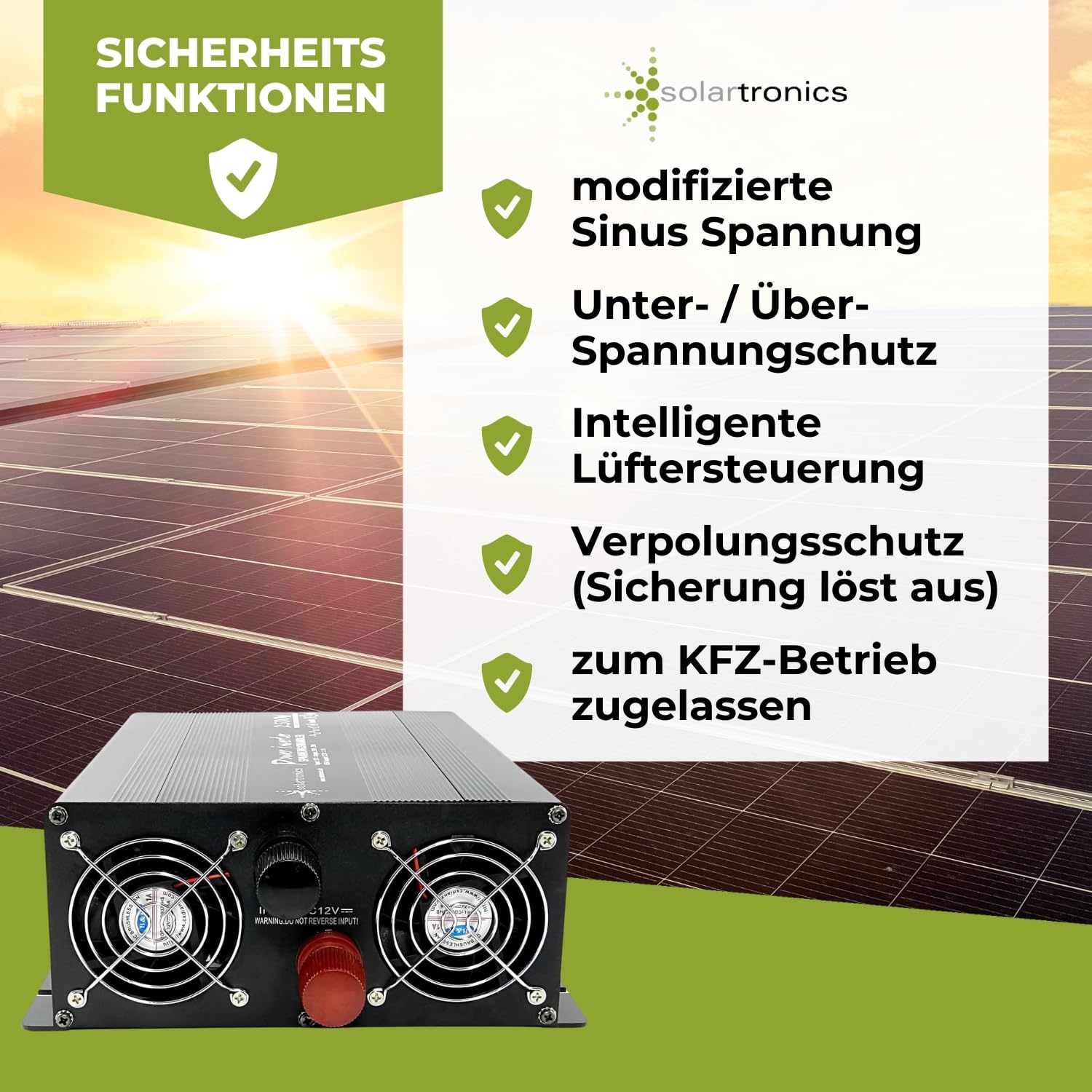 SOLARTRONICS Transformador de tensión NM2500 12 V 2500 W Negro – 5000 W de Potencia máxima – inversor de 12 V a 230 V – Batería de Plomo o AGM Compatible – con Conector Schuko y USB