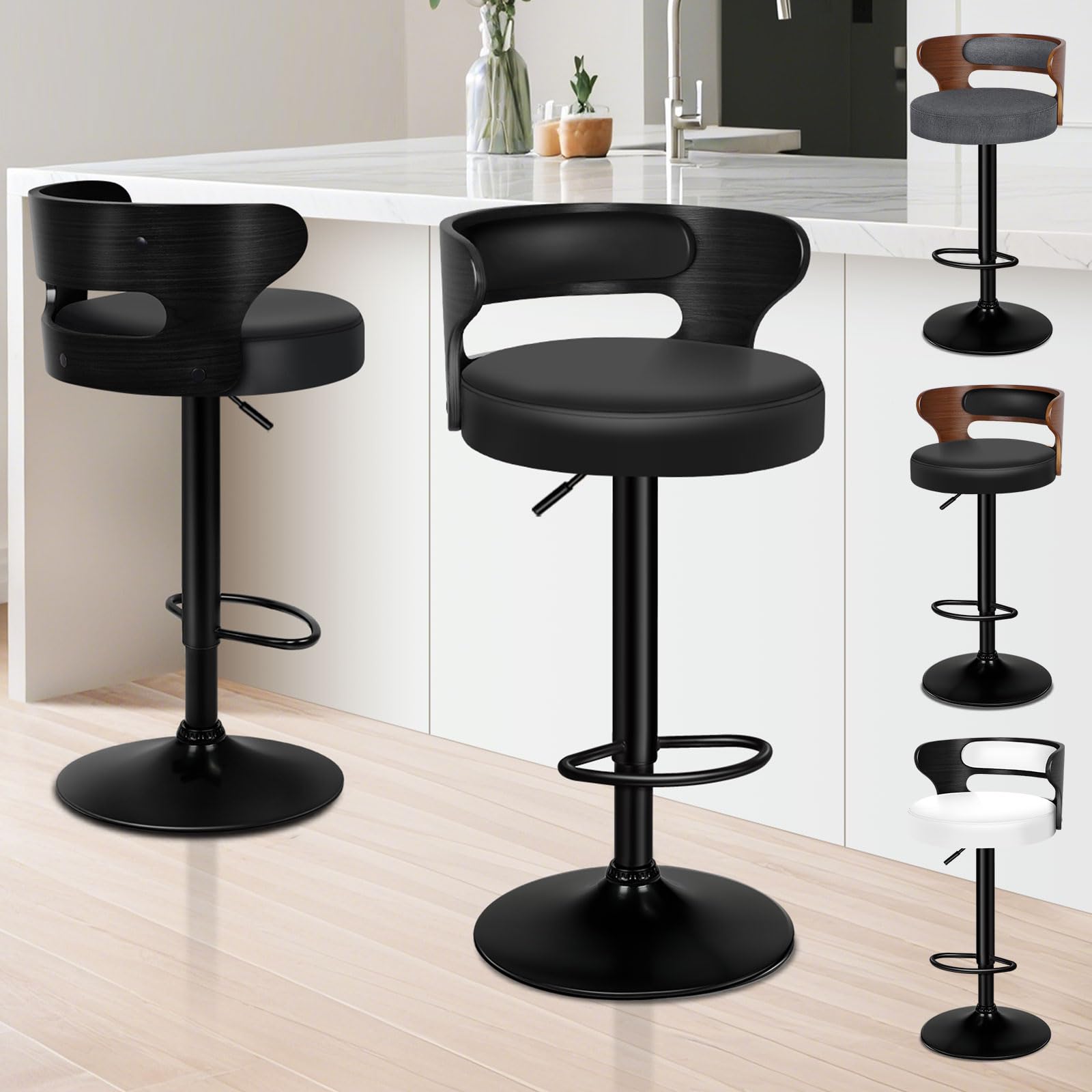 ALFORDSON Bar Stools Set of 2, Comfy Barstools PU Leather, 360° Swivel Wooden Kitchen Chair with Backrest and Footrest, for Dining Room Pub Bar Countertop, Ramiro Series, All Black