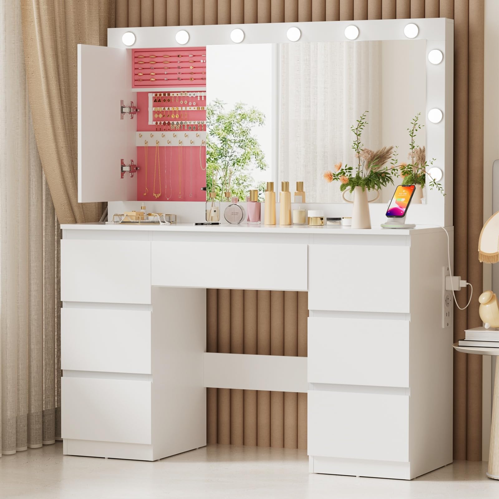 TRIUMPHKEY Coiffeuse avec Grande Miroir et Multiprise, 12 Ampoules LED Réglables, Table de Maquillage avec 7 Tiroirs, Rangement de Bijoux, Grande Commode Moderne