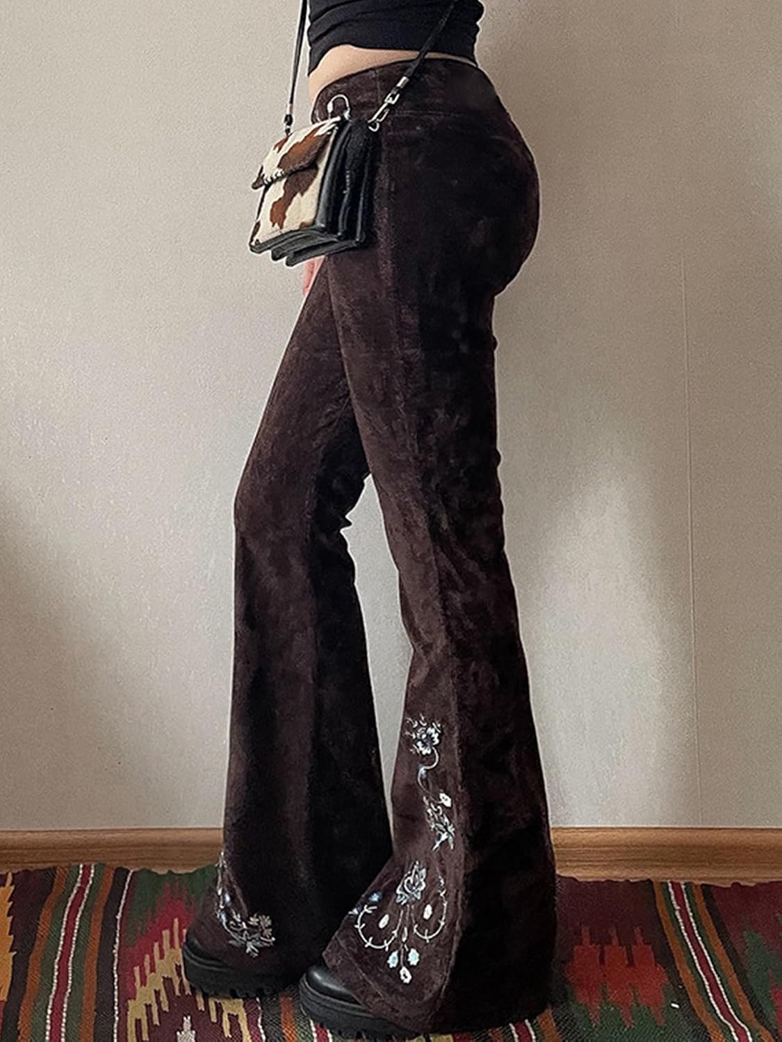 Women Bell Bottom Jeans Stretchy Flare Mid Rise Embroidery Vintage Denim Pants 90s Outfits Y2k Clothes