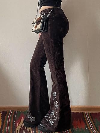 Women Bell Bottom Jeans Stretchy Flare Mid Rise Embroidery Vintage Denim Pants 90s Outfits Y2k Clothes