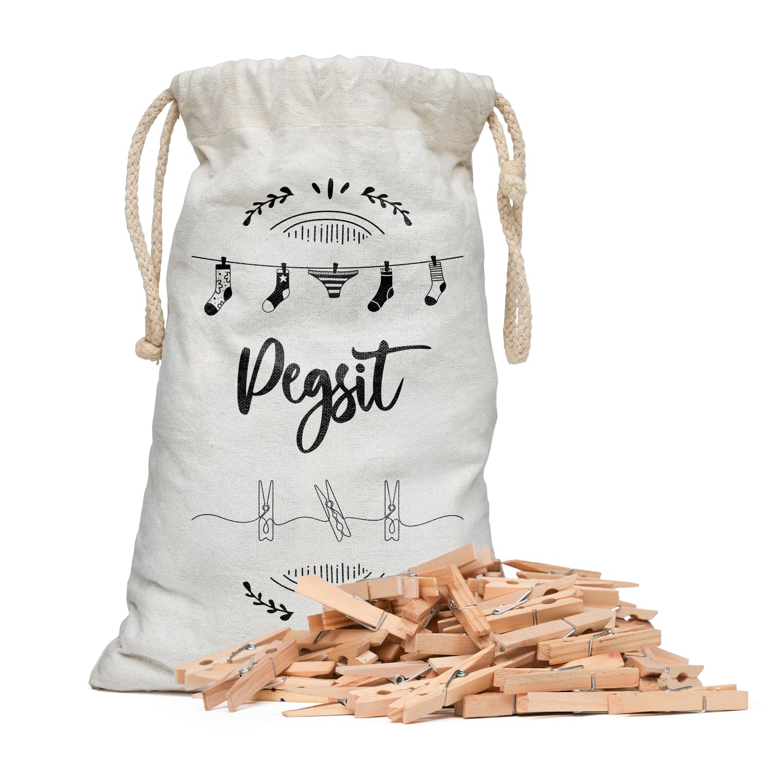 Pegs It Wooden Peg Bag With 100 Pcs Pegs For Washing Line – Laundry Pegs For Small Laundry Items - Clothes Pegs For Craft, Diy Projects & Photos