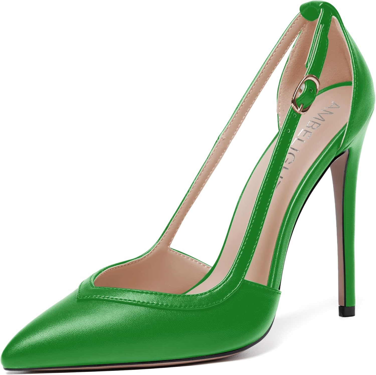 AMBELIGHT Women's Elegant Matte Buckle High Heel Pointed Toe Stiletto Dress Adjustable Strap Evening 4.7 Inch Pumps Shoes Green Size 12.5 - Zapatos Formales para Mujer