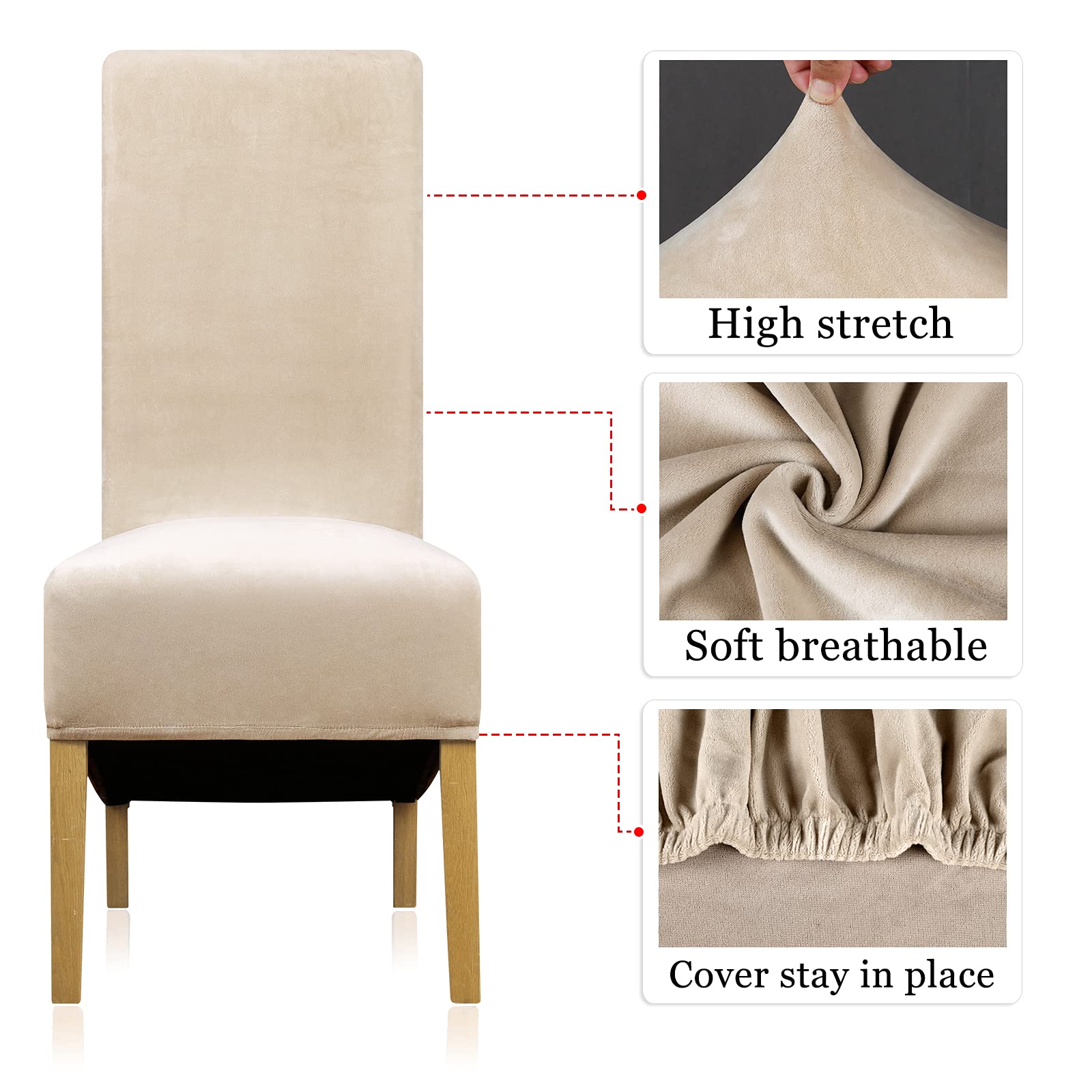 Leorate Velvet Dining Chair Covers Set of 4, Stretch High Back Slipcovers for Dining Chairs Beige Soft Velvet - Image 4