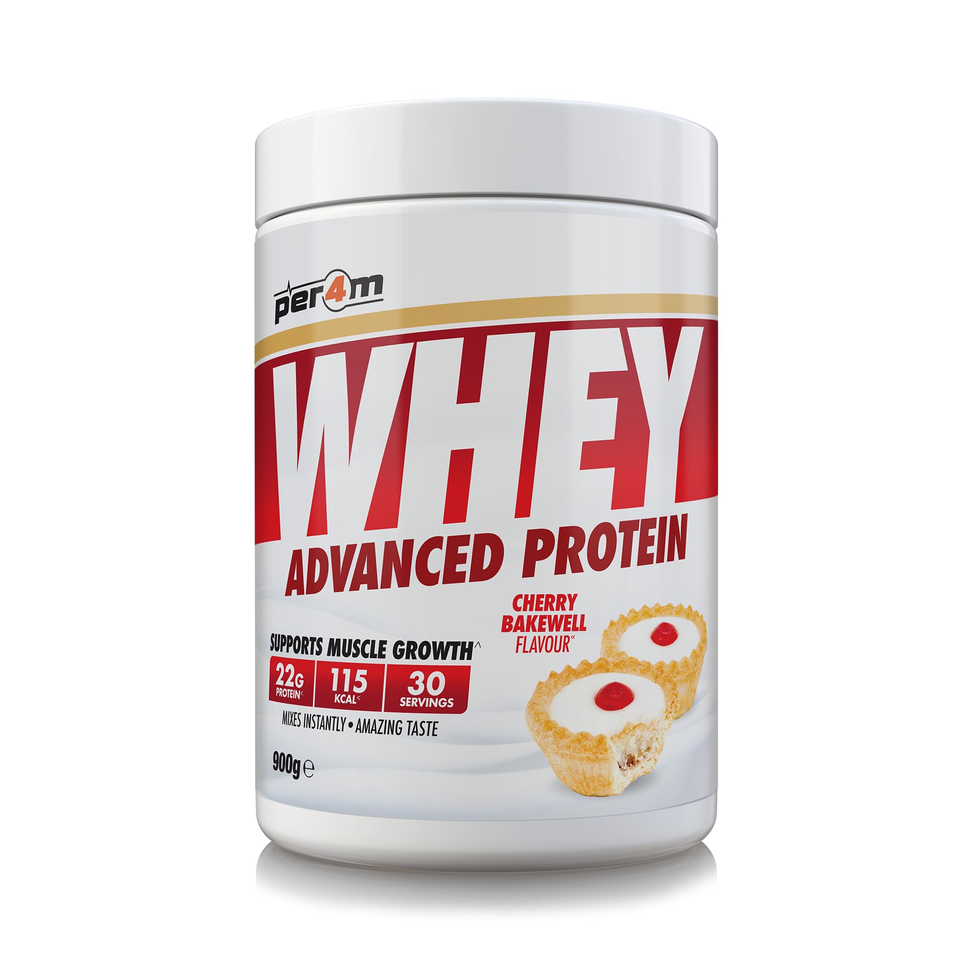 Per4m Whey Protein Powder | High Protein Shake for Muscle Growth & Recovery | Low Sugar Gym Supplement | Sports Nutrition Drink + Amino Acids (900g, Cherry Bakewell)