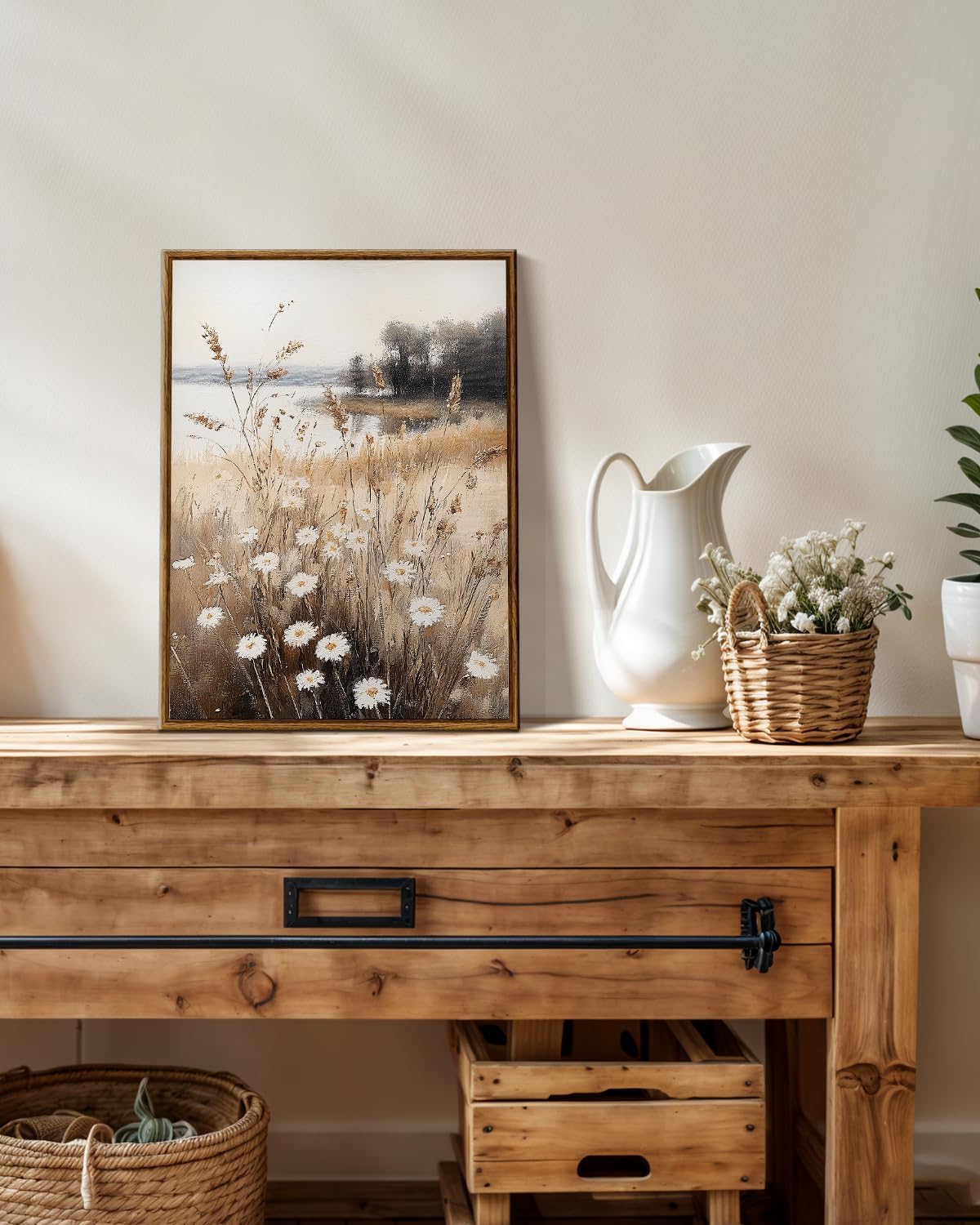 InSimSea Framed Canvas Wall Art for Living Room Landscape Wall Decor Meadow with Flowers Vintage Paintings Classical Wildflower Field Scene Boho Floral Pictures Decor for Bathroom Bedroom 12x16in