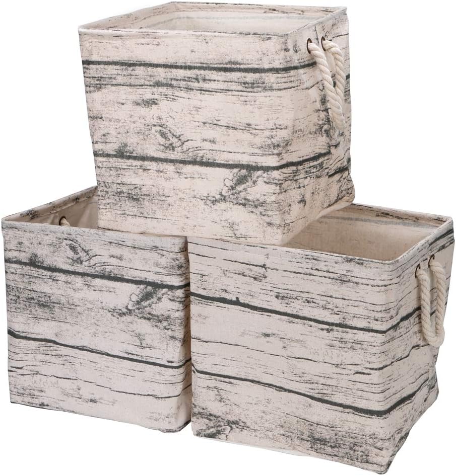 Yoweenton 3 Pack Square Toy Storage Basket Bins, 12 1/2 x 12 1/2 x 12 1/2 inches Tree Stump Canvas Fabric Foldable Laundry Storage Bin with Handles for Home, Office, Nursery, Toys, Dorm, Closet