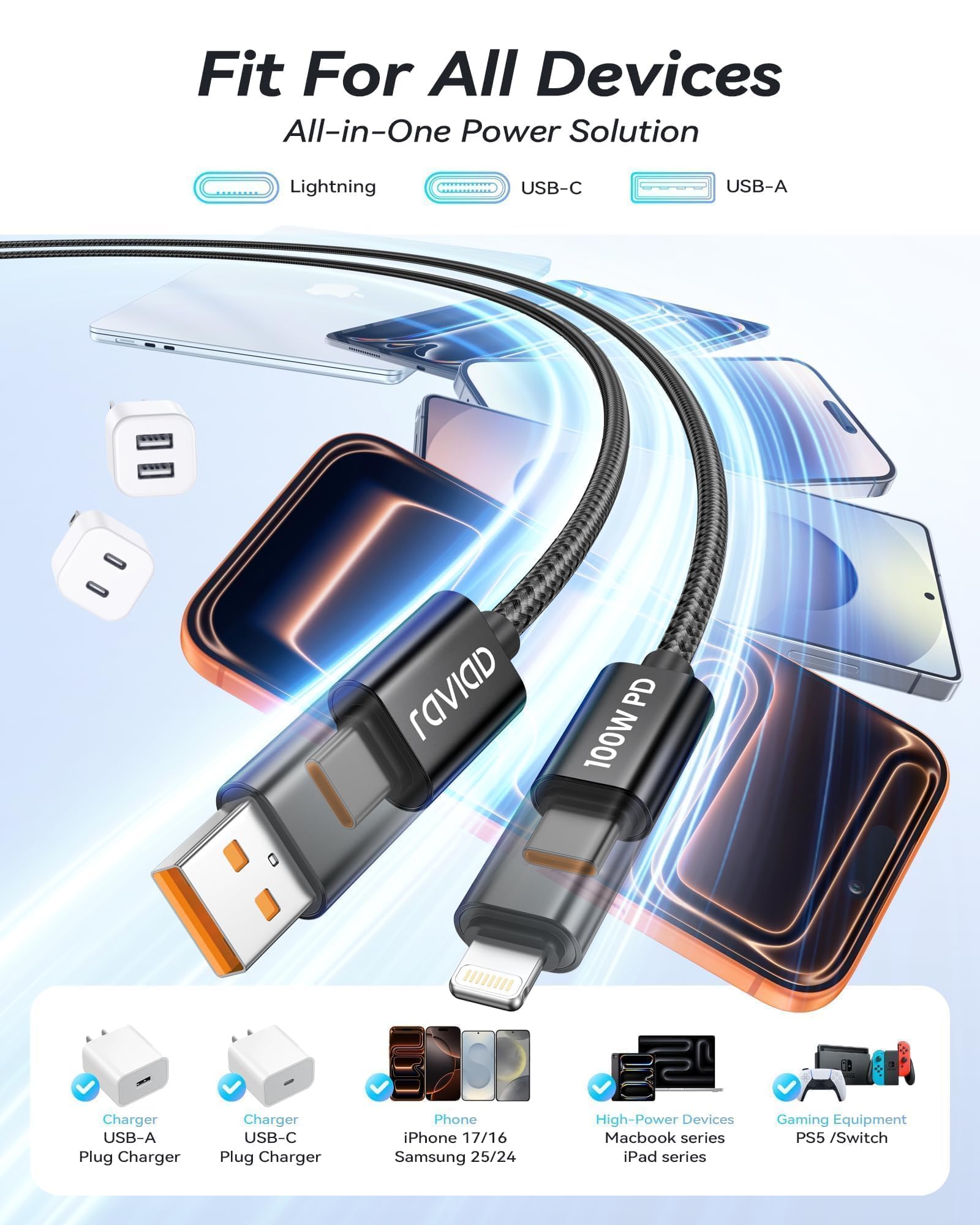 RAVIAD Multi kabel do ładowania [3 M] 4 w 1 wielokrotny kabel 100 W PD z USB C/USB A na Lightning/typ C, interfejs USB do ładowania dla iPhone 17/16/15/14 Pro, Samsung S25/S24/S23, MacBook, iPad