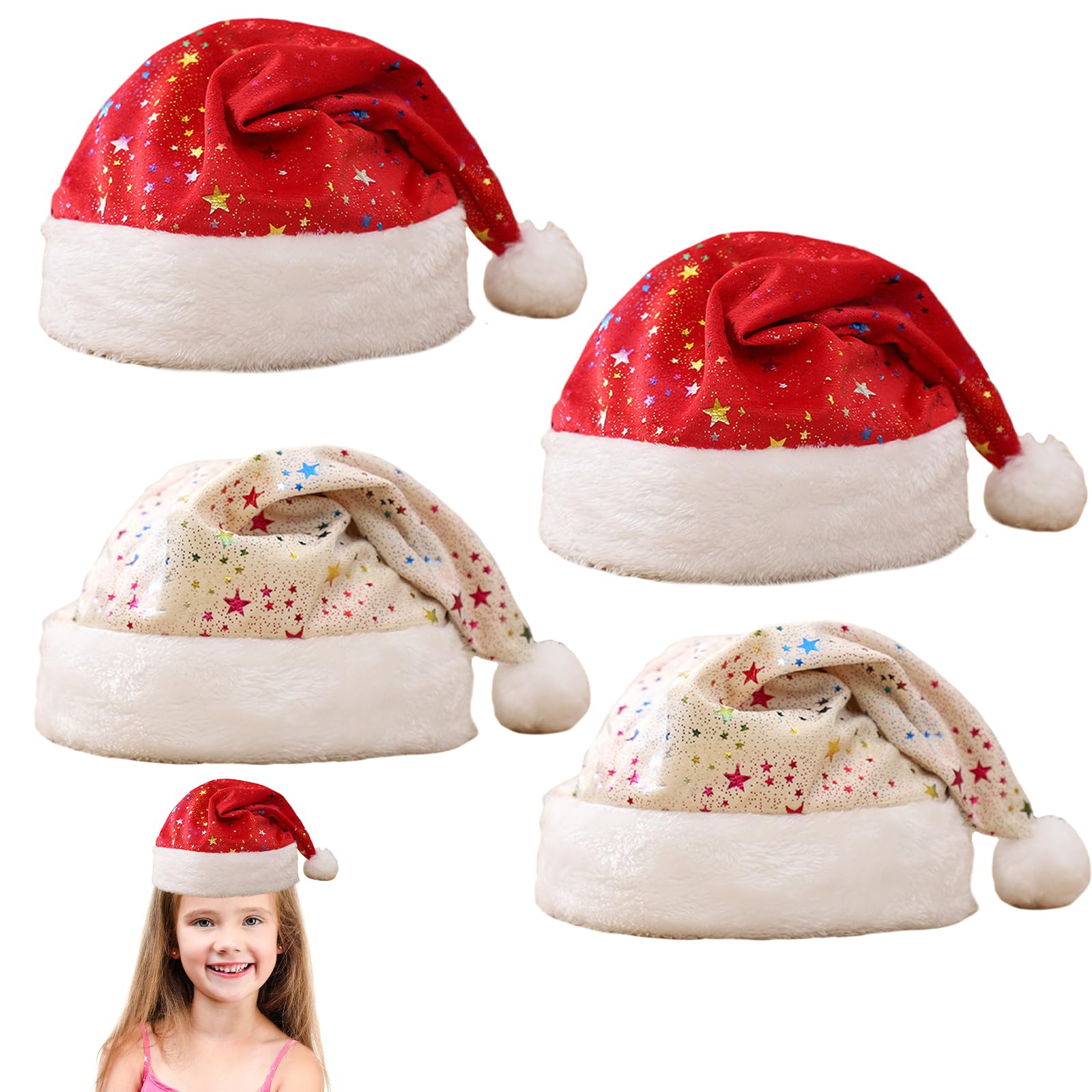 4 Pcs Luxury Santa Hat, Adult Santa Hat with Star Pattern, Christmas Hats for Kids with a Faux Fur Pompom on Top for Xmas Office Party (Red, Beige)