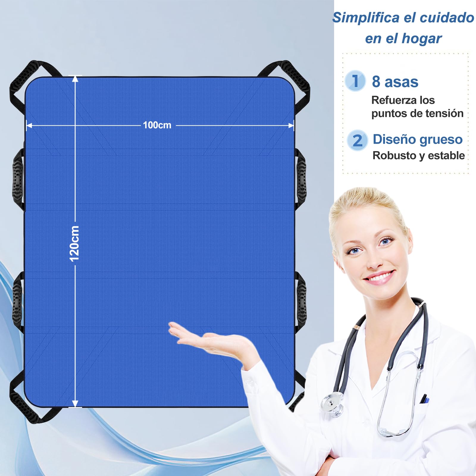 Sábana Deslizante para Transferencia de Ancianos 100x120cm, Sábana de Traslado con 8 Asas,Sábanas de Transferencia Reutilizable para Mover y Levantar Pacientes (azul)