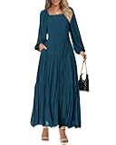 Women Formal Dress Spring Square Neck Puff Long Sleeve Smocked Tiered Flowy Wedding Guest Maxi Dresses Pockets