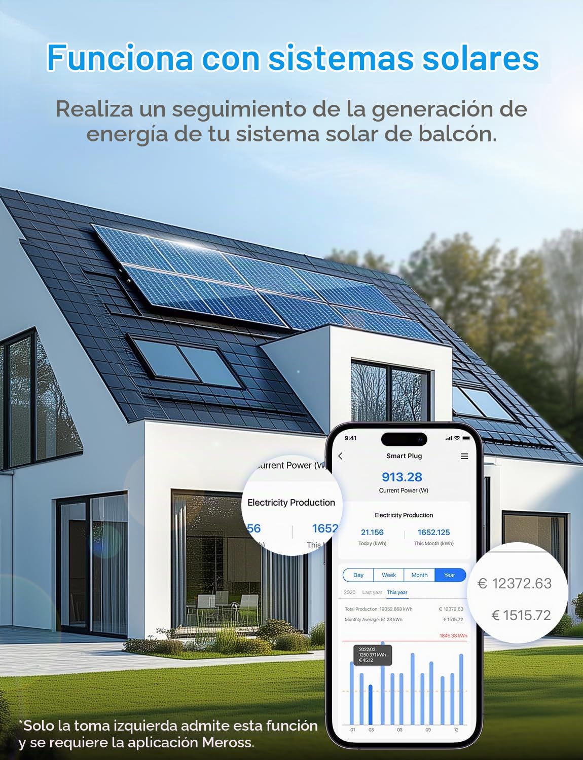 Meross Exteiror Enchufe Inteligente con Mide Consumo, WiFi Enchufe 16A Mide Producción de Paneles Solares, Soporte para Alexa, Apple Home y Google Home, IP44, con 1,5m Cable | Sin suscripción, control ilimitado | con Apple HomeKit, Alexa y Google | 16A, 1