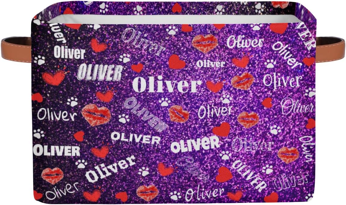 Personalized Storage Bins, Love Hearts and Paw, Customized Storage Basket Rectangle Clothes Organizer for Organizing Kids Pets Toys Shelf Closet, Purple Bling Glitters