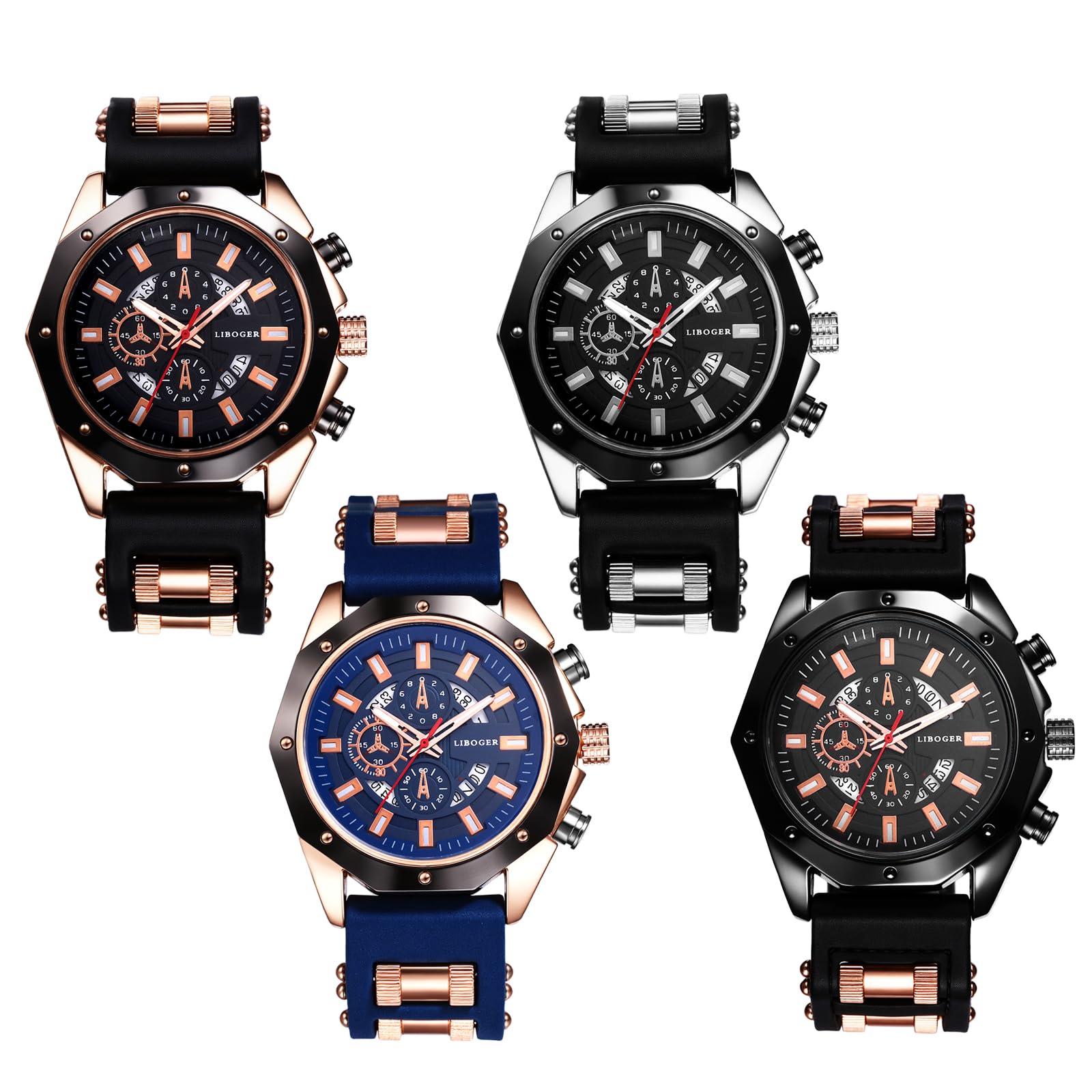 JewelryWe Zegarek męski, duży zegarek sportowy z silikonowym paskiem: 4 sztuki, kalendarz, analogowy, kwarcowy, męski, silikonowy, sportowy zegarek z dużą kopertą z dziesięcioma szyjkami i