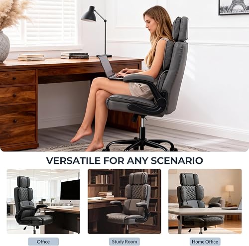 Miniatura 8 de Silla de oficina de cuero con reposacabezas ajustable, sillas ejecutivas de escritorio de oficina en casa con respaldo ergonómico, reposabrazos