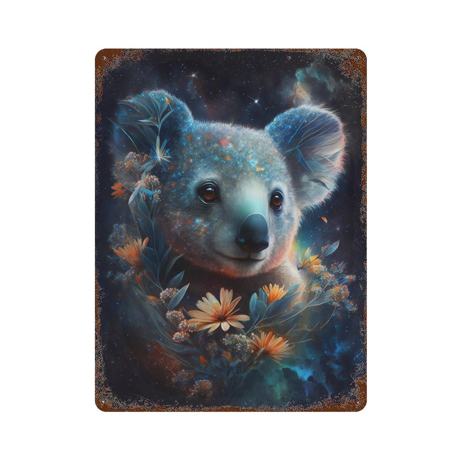 Cosmic Koala with Flowers-5 Retro Metal Sign 15.7"x11.8", Shabby Chic Decor for Bistro, Counter And Cafe Decor