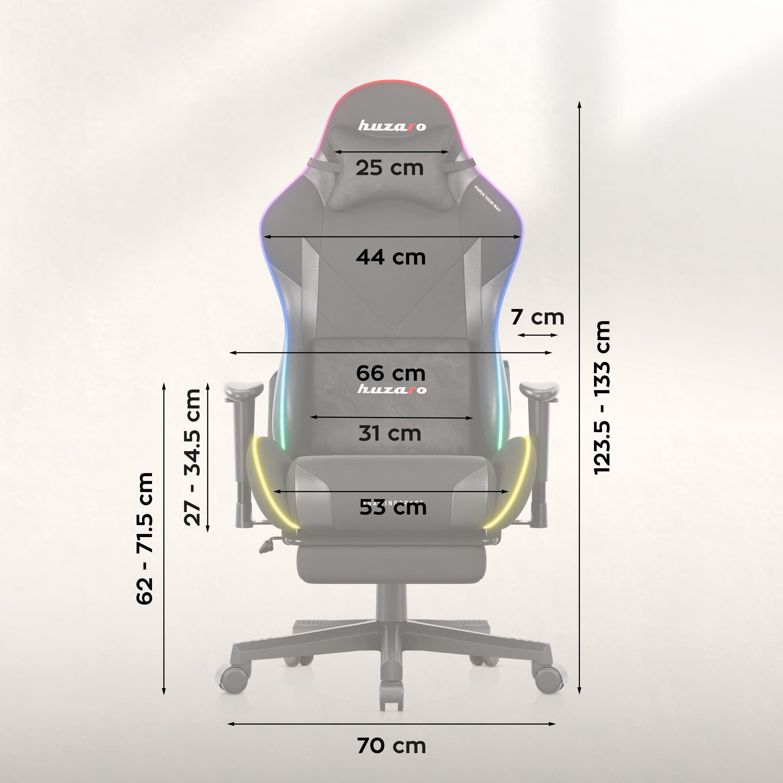 huzaro Force 5.7 krzesło biurowe z podnóżkiem, ergonomiczny fotel gamingowy, podparcie dla głowy i okolic lędźwiowych, regulowany fotel komputerowy, tkanina, kolor czarny RGB