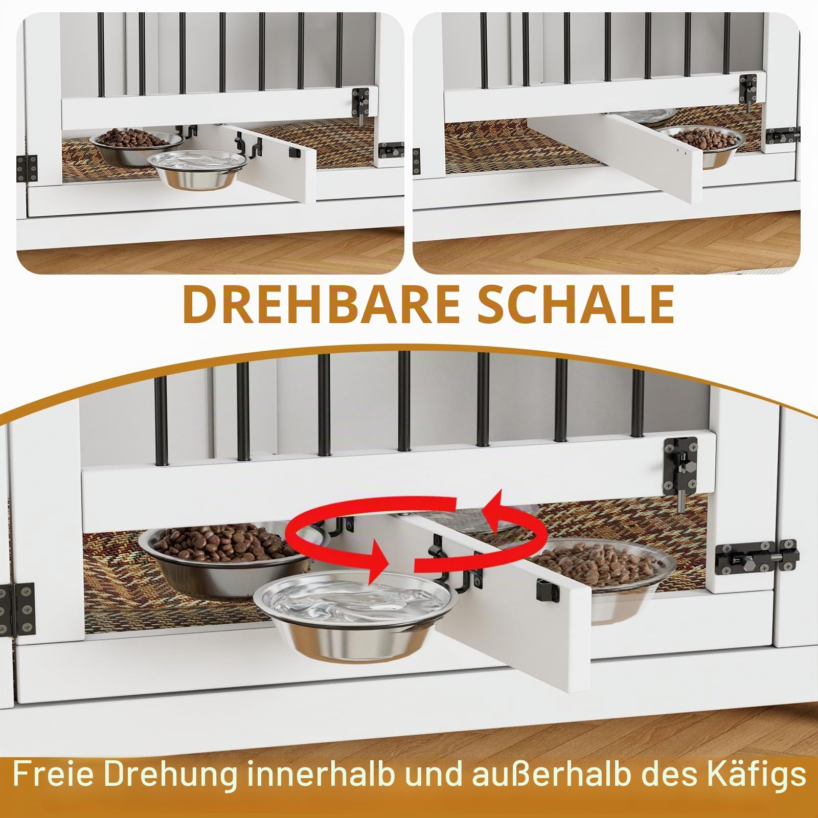 104,9 cm große Hundebox Möbel Faltbare Holzhütte für Hunde (15,9-27,2 kg) mit 2 Näpfen, Indoor Bauernhaus-Stil Beistelltisch