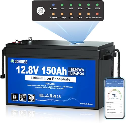 DC HOUSE Batería de litio LiFePO4 de 12 V 150 Ah con indicadores de estado SOC, Bluetooth y corte de baja temperatura, batería de litio de 12 V de