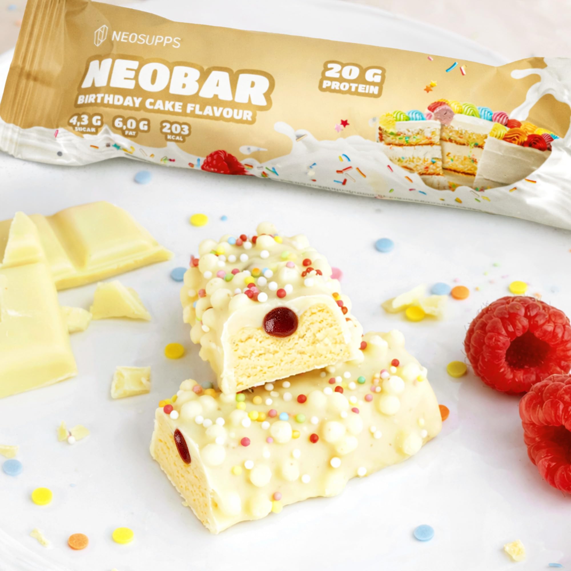 Neosupps Proteinriegel Neobar Birthday Cake – 12 x 60 g, 21 g Protein, nur 0,8 g Zucker, Low-Fat, in verschiedenen Geschmäckern erhältlich, Made in Germany – Fitness Snack