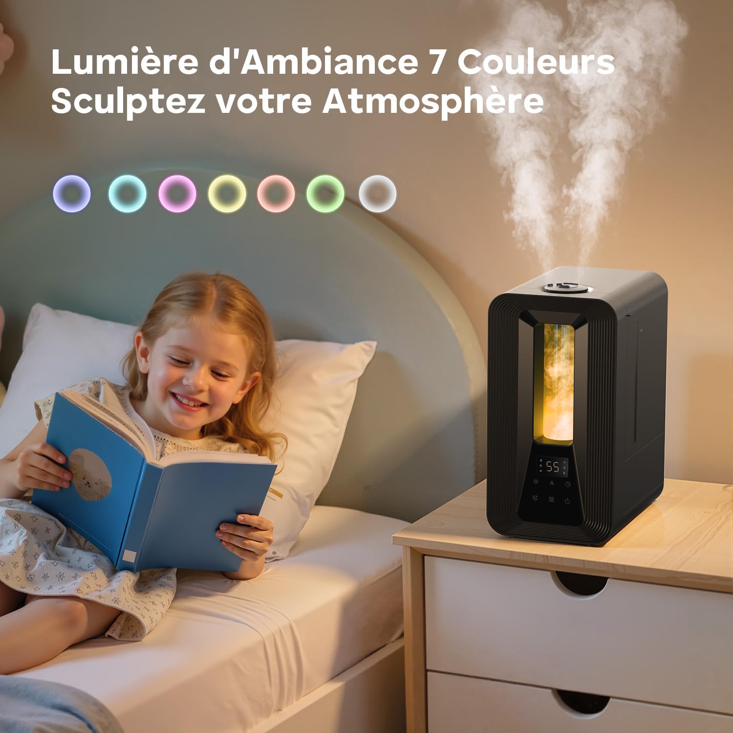 AROEVE Humidificateur d'Air Chambre Top-Fill, 5L Ultrasonique Brume Froide avec Diffuseur Aromes, Hygrostat Intelligent, Veilleuse, 50H/25dB Silencieux pour Bureau Bébé Plantes