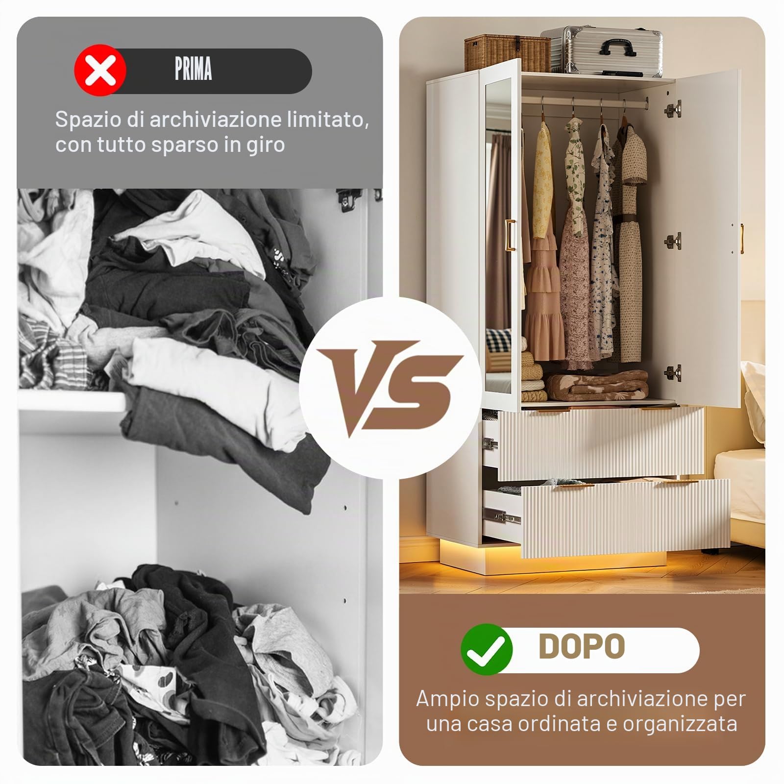 MSFE Armadio Camera da Letto, Armadio Guardaroba 2 Ante con Specchio,LED e 2 Cassetti, Armadio Contenitore, Salvaspazio, per Cameretta, Camera dei bambini, da ingresso|80x178x50cm (L/H/P)