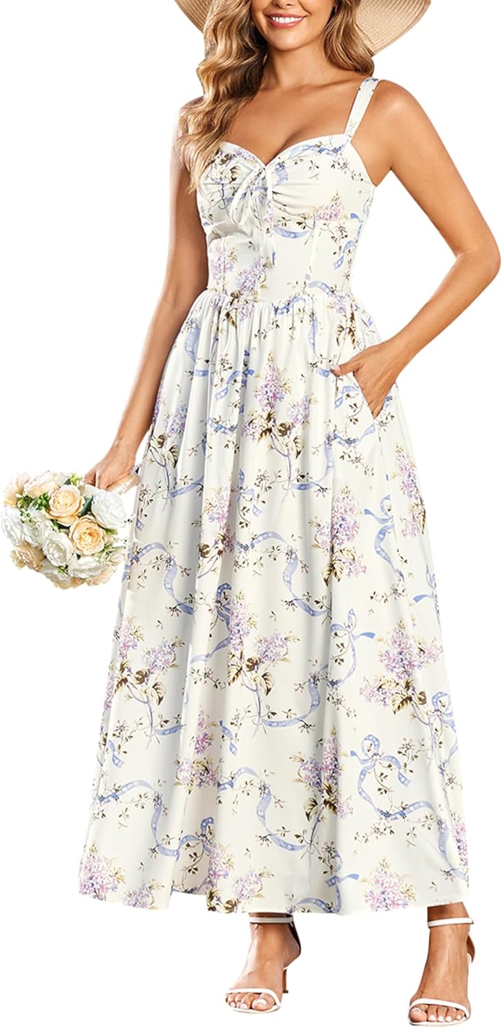 Floral Corset Maxi Dress Lace Up Flowy Sundress Summer Wedding Guest Dresses for Women with Pockets