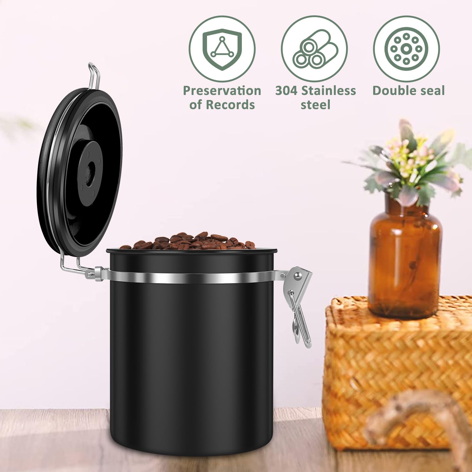 Kaffee-Vorratsdose, 1,5 l, doppelt, luftdicht, Kaffeebohnen-Behälter mit Datumsanzeige, 304 Edelstahl, Küchen-Lebensmittelbehälter mit Löffel für Tee, Zucker, 4 Stück