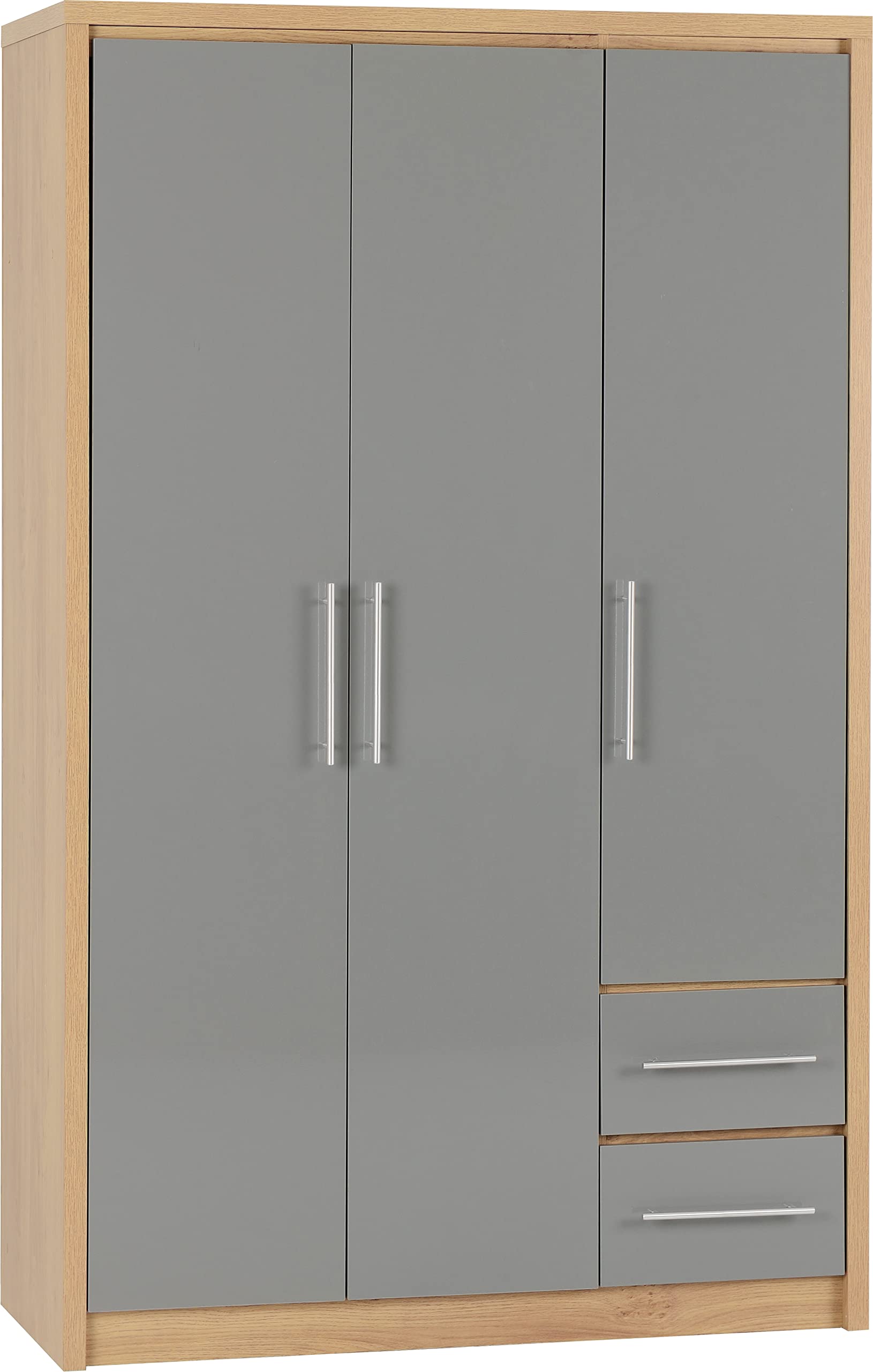 Seconique Grey/Light Seville 3 Door 2 Drawer Triple Wardrobe - High Gloss And Oak