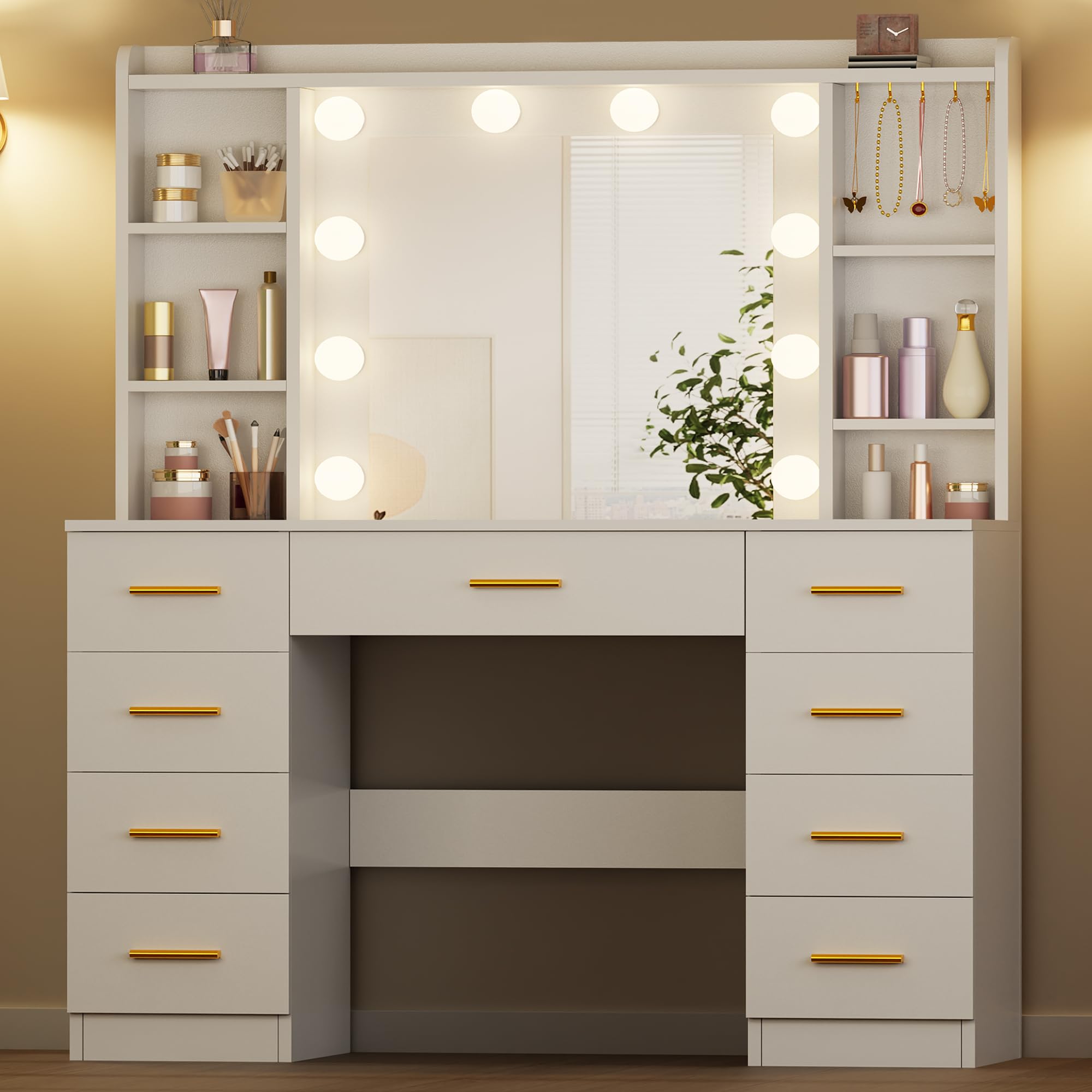 ANWBROAD Grande Coiffeuse avec Miroir et LED Éclairage, 3 Couleurs, Luminosité Réglable Table de Maquillage avec 9 Tiroirs et 6 Étagères Ouvertes 5 Crochets, Moderne Coiffeuse Blanc BDT89W