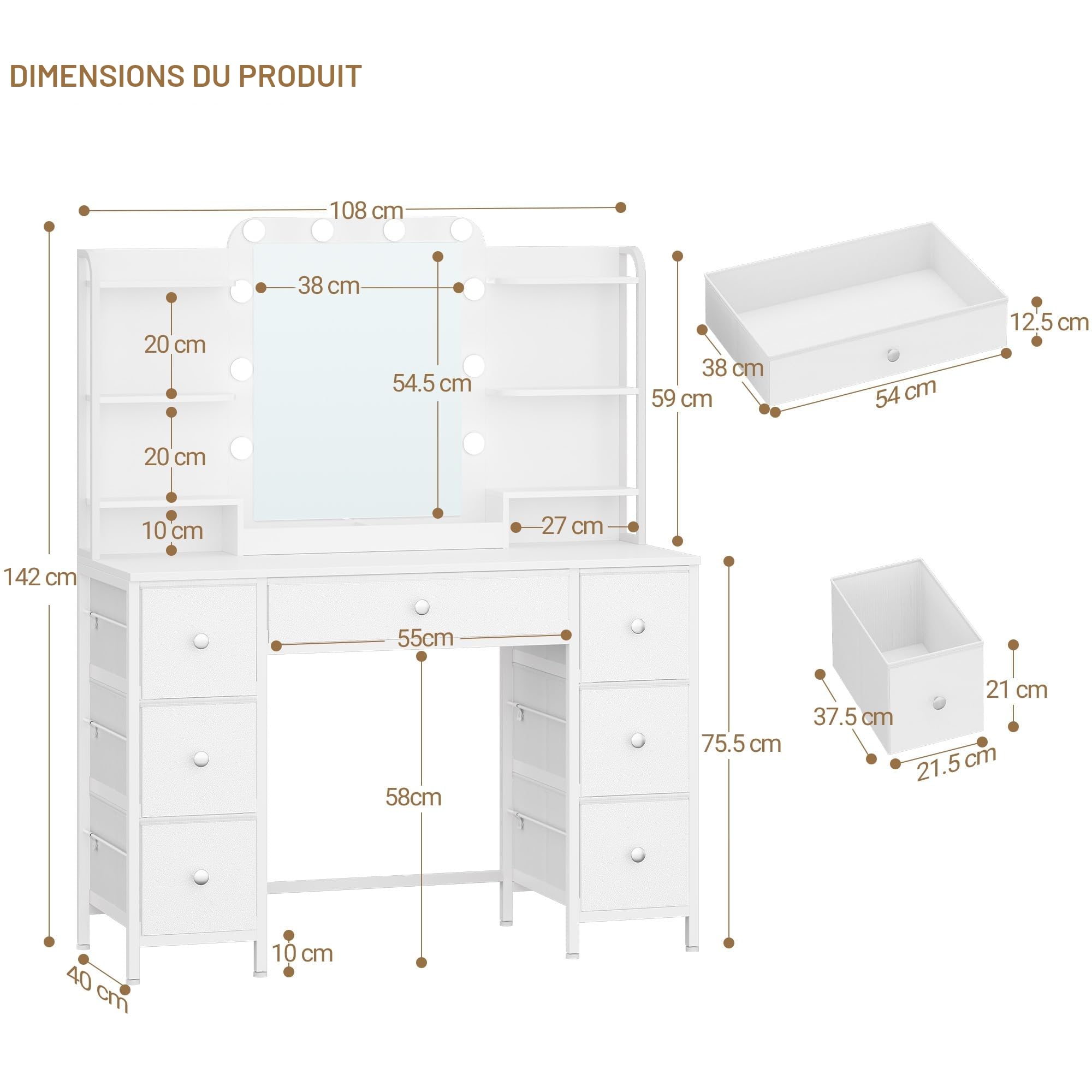 Hzuaneri Coiffeuse avec éClairage LED, Coiffeuse avec Grand Miroir HD, 7 Tiroirs et 6 éTagèRes de Rangement, Dressing de Chambre, Moderne Blanc DT42303XEU