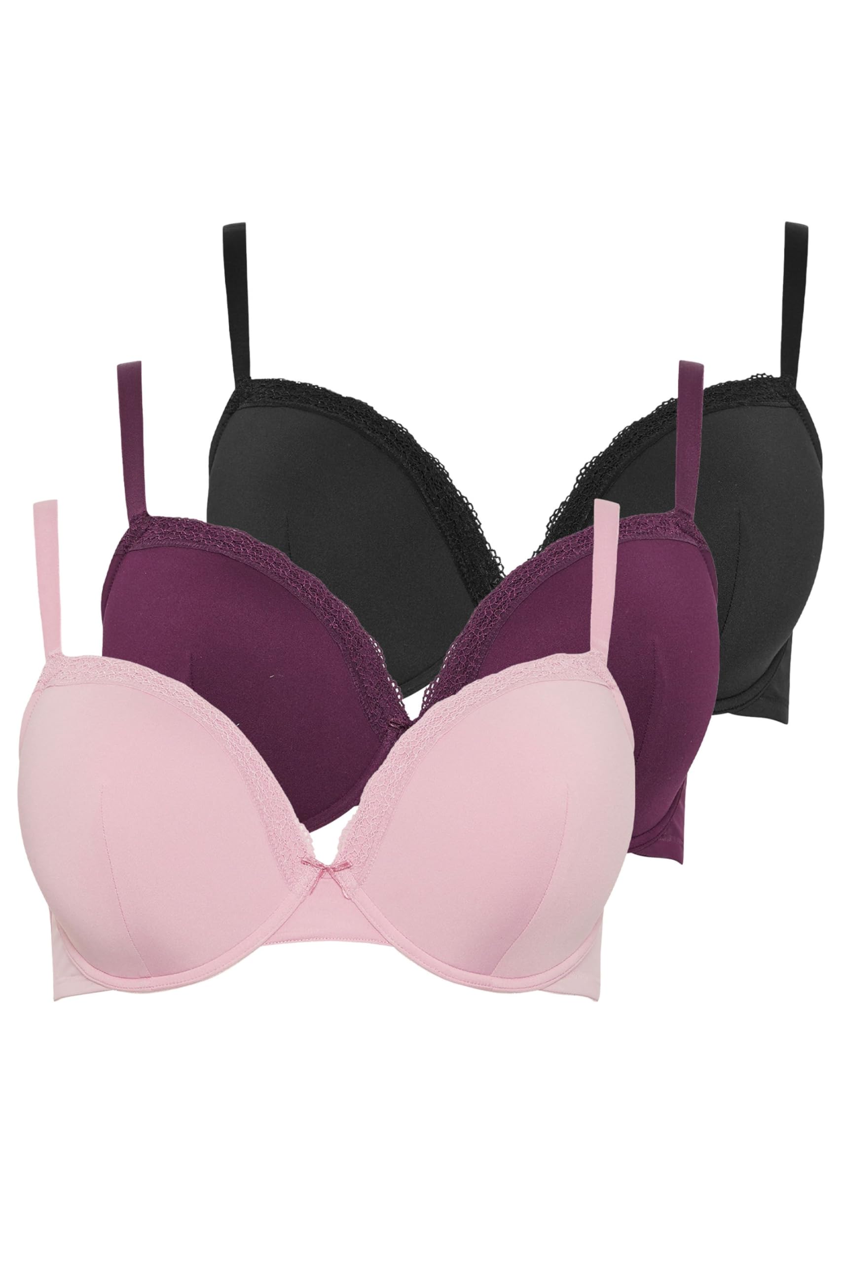 Yours Women's Purple 3 Pack Lace Trim Padded T-Shirt Bras In 46E