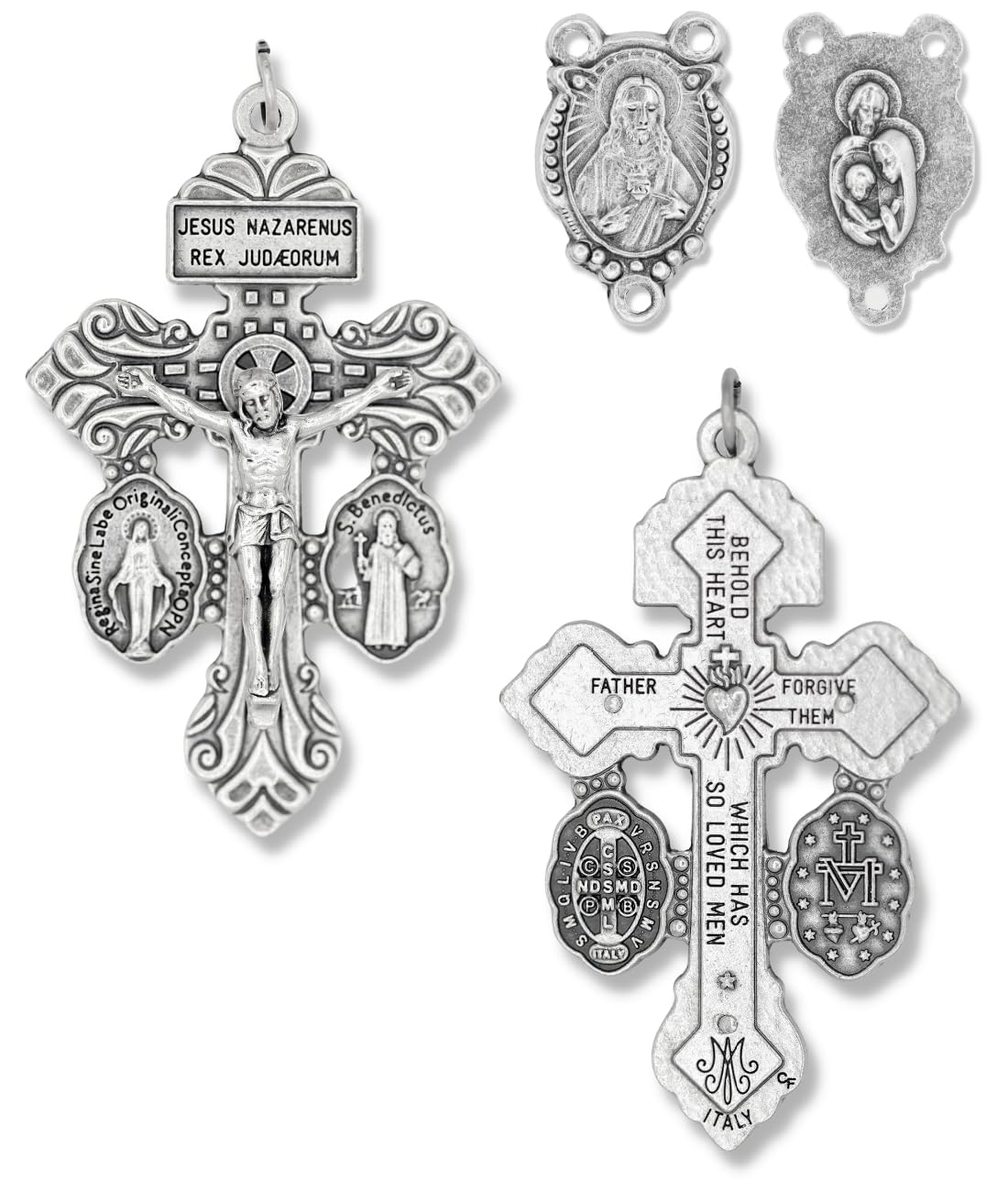 Italian Rosary Making Kit for 5 Rosaries - Cross and Center Sets with 2” Pardon Crucifix with Sacramental Medals (Miraculous Medal and St Benedict Medal) and 1” Holy Family Rosary Center