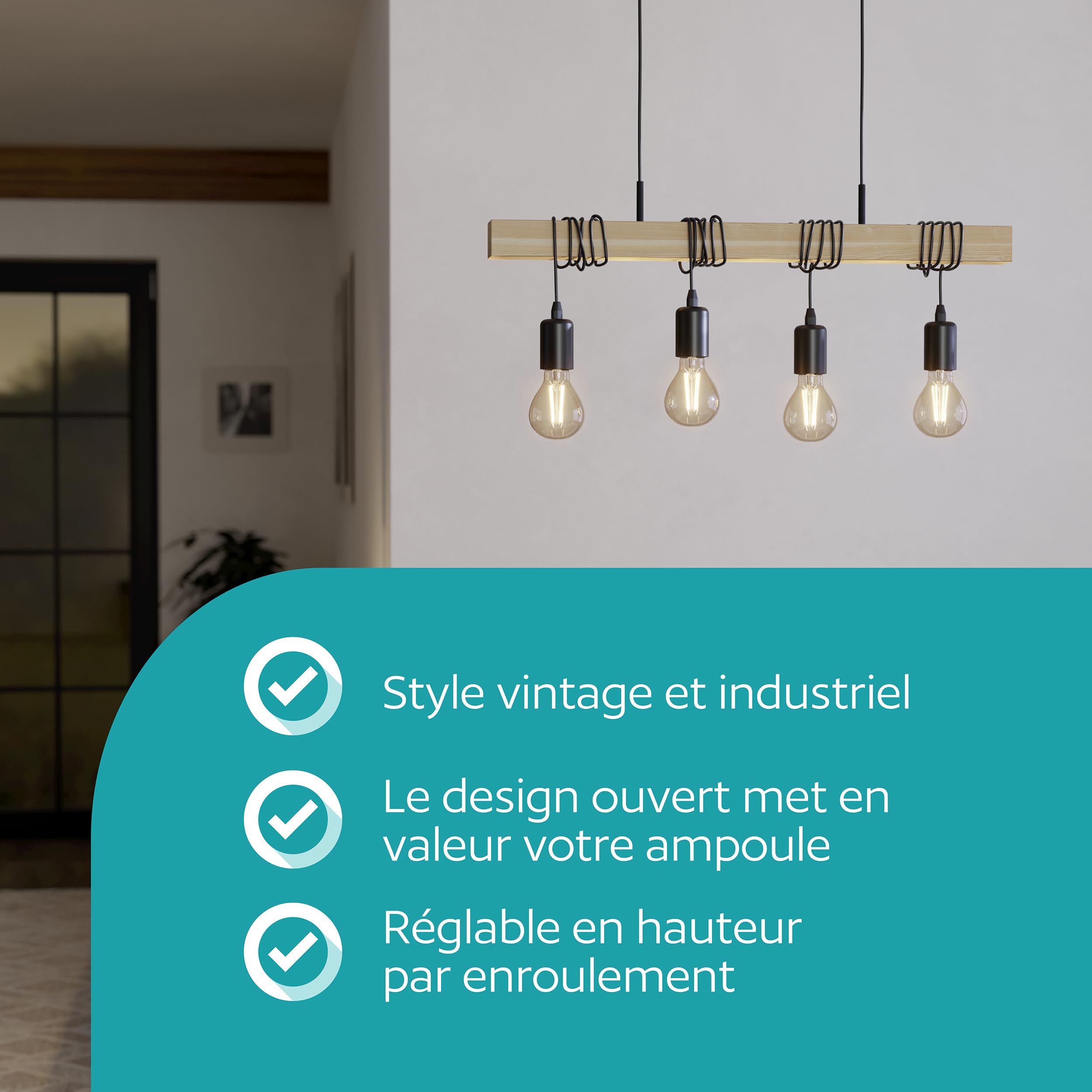 Eglo Suspension en bois vintage TOWNSHEND, lampe de salle à manger rétro | luminaire rétro et industriel à 3 lampes, douille E27, lustre en acier Ø 31 cm, certifié FSC