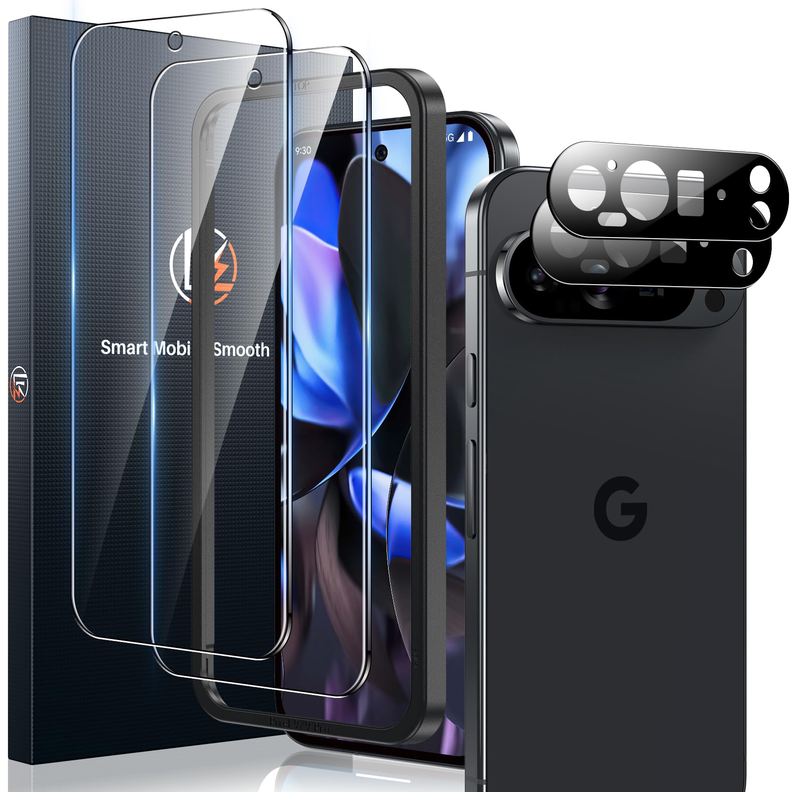 LK 2+2 Pack Screen Protector for Google Pixel 9 Pro, 2pcs Tempered Glass Screen Protector & 2pcs Camera Lens Protector for 9 Pro, Support Fingerprint Unlock, HD Screen, Anti-Scratch, Easy Installation