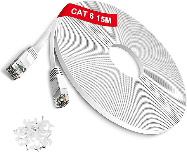 TBMax Flat Ethernet Cable 15m Long, Cat6 Ethernet Network Cable RJ45 High Speed Gigabit Lan Cable UTP Internet Patch Cable Compatible with Cat5 Cat5e Cat7 for Modem,Router,PS5,Game Console, White
